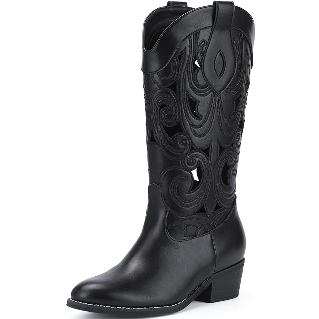 Cowboy Boots Women Cutouts Western Cowgirl Boot Embroidered Leather Boots Chunky Heel Fashion Vintage Mid Calf Boot