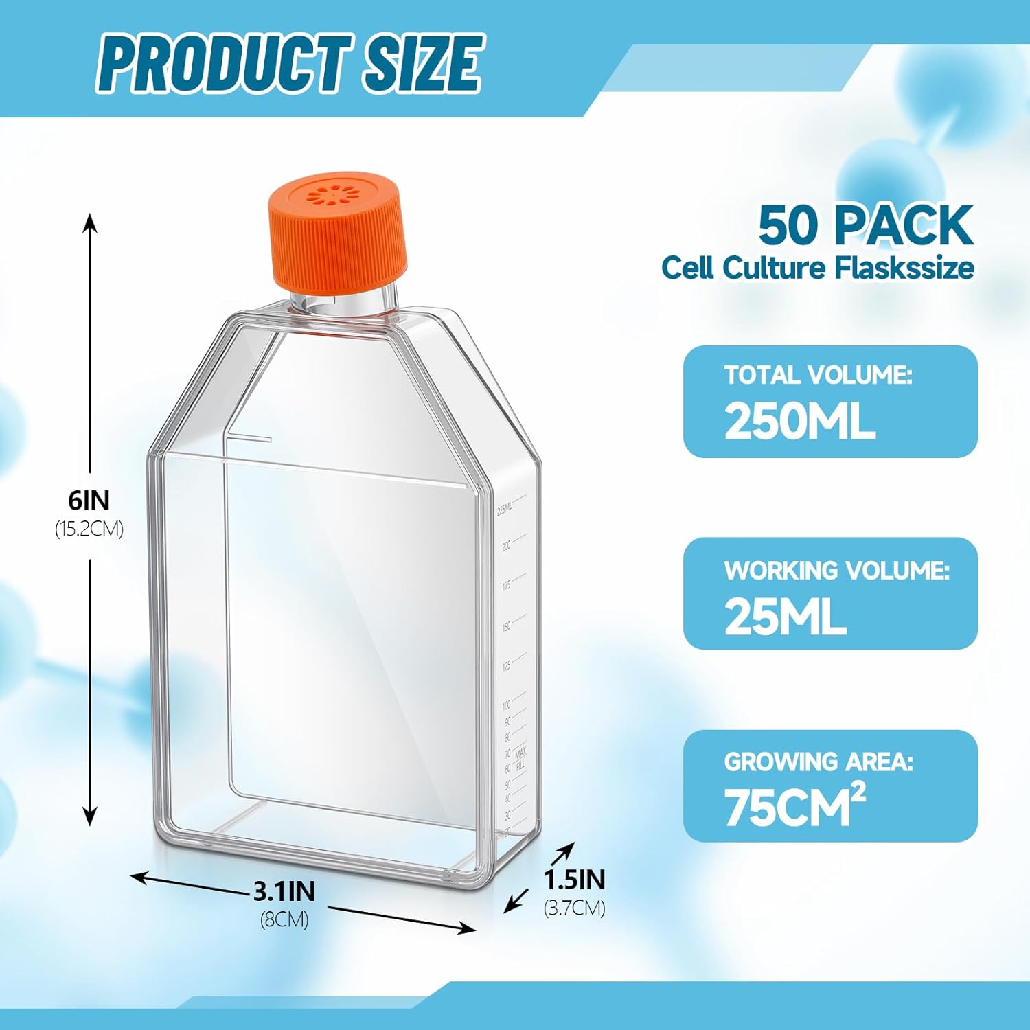 Kingdder 50 Pack Cell Culture Flasks Sterile Polystyrene Plastic Tissue Culture Bottle Flasks 75cm² TC Treated Sterile with Filter Caps and Scales for Labs, 6" x 3.1" x 1.5''