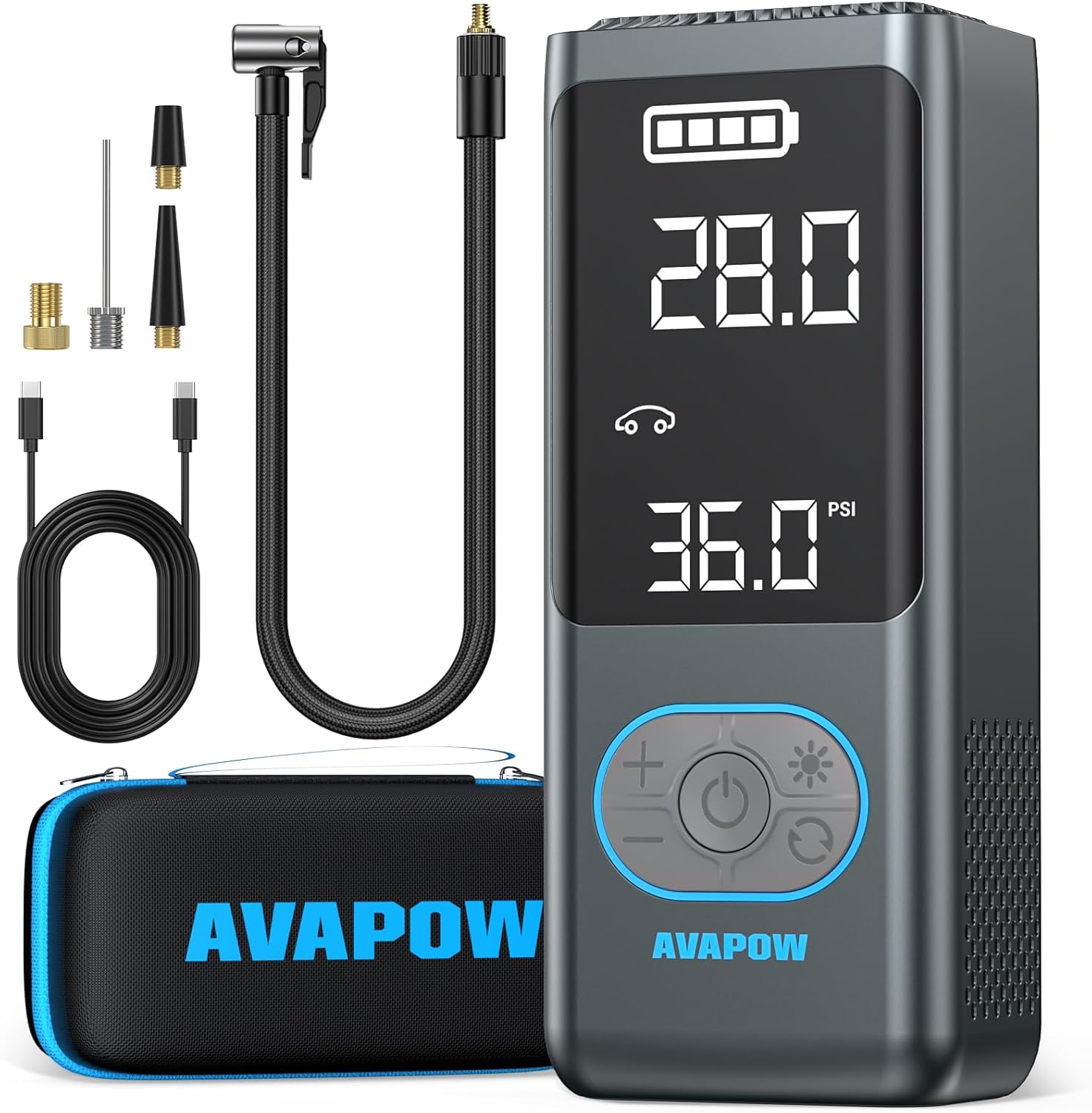 AVAPOW AP18 Tire Inflator Portable Air Compressor, 300% Faster 150 PSI Cordless Air Pump with Tire Pressure Gauge, 3.7 Dual LCD Screen, Auto-Shuts Off Tire Pump for Car, Motorcycle, Bicycle, Blue