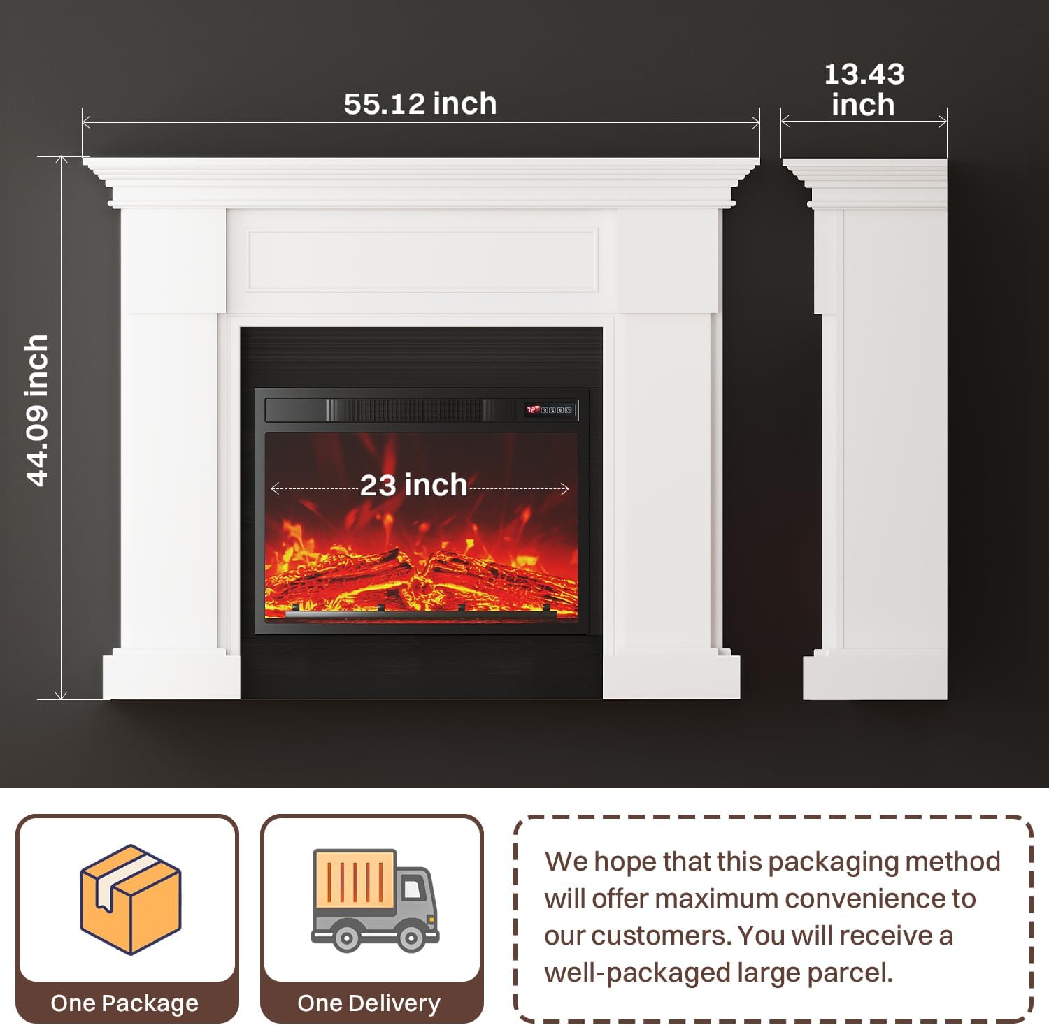 55" Electric Fireplace with Mantel | 1400W Faux Fireplace | Highly Realistic 3D Flame | 50-90℉ Adjustable Temp | Button & Remote Control | White Fireplace Mantel Surround | 55" W×13.5" D×44" H
