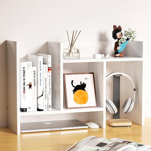 FNBAR White Wood Desk Shelf Organizer, Adjustable 2-Tier H-Shape Desktop Bookshelf for Office, Dorm & Home