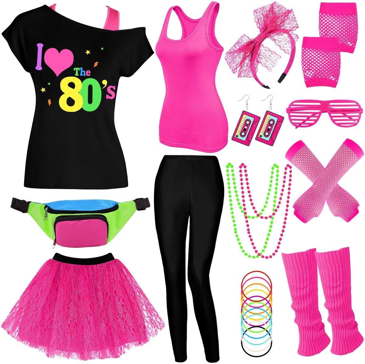 80s Outfit Women Costume Accessories Set, T-Shirt Tank Top Leggings Tutu Skirt Fanny Pack for Halloween, 80s Neon Party
