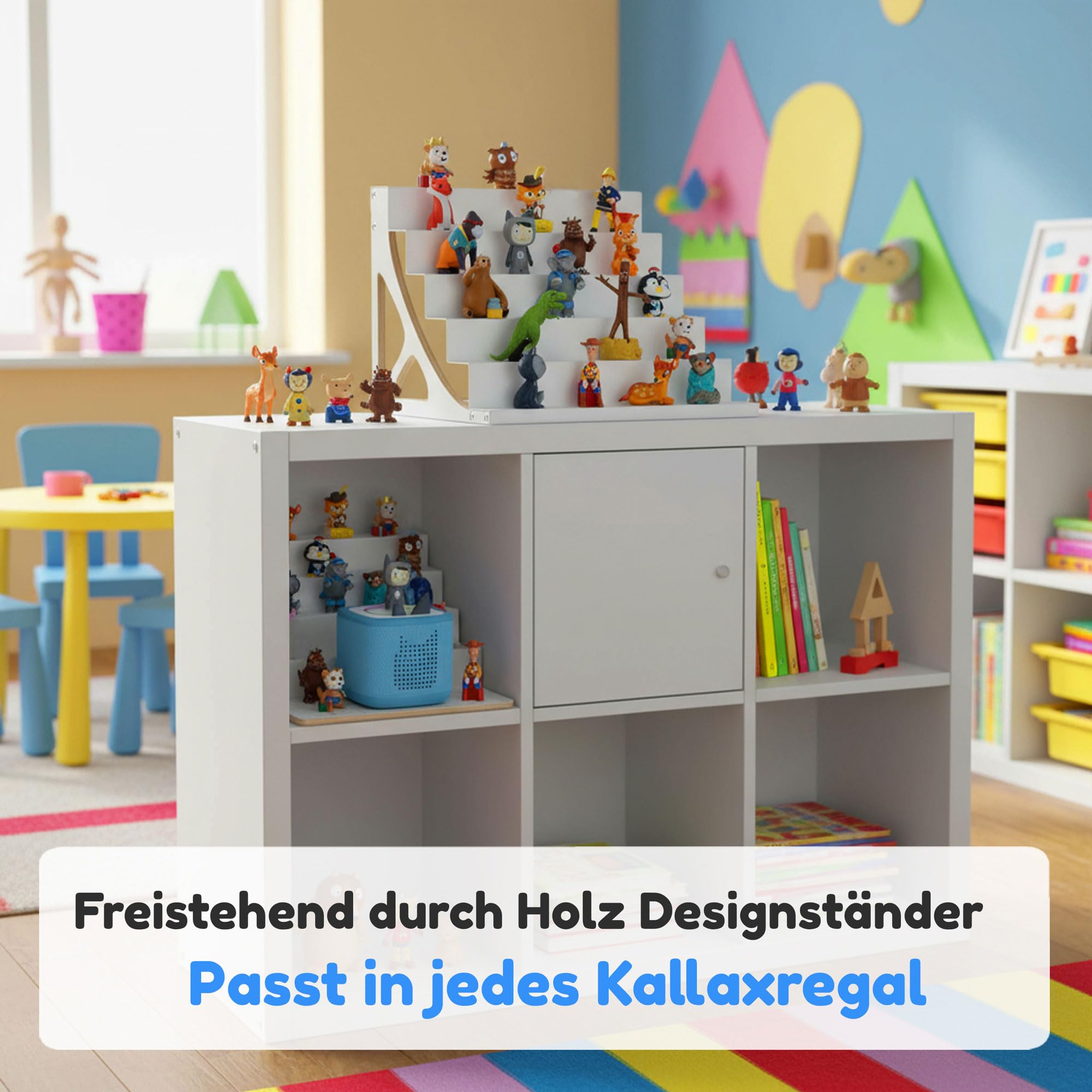 stadtecken® Magnetisches Regal für Musikbox-Figuren – Passend für Kallax und mehr | Optional mit Platz für Toniebox | Geeignet für ca. 40 Figuren | Weiß (BoxPlus)