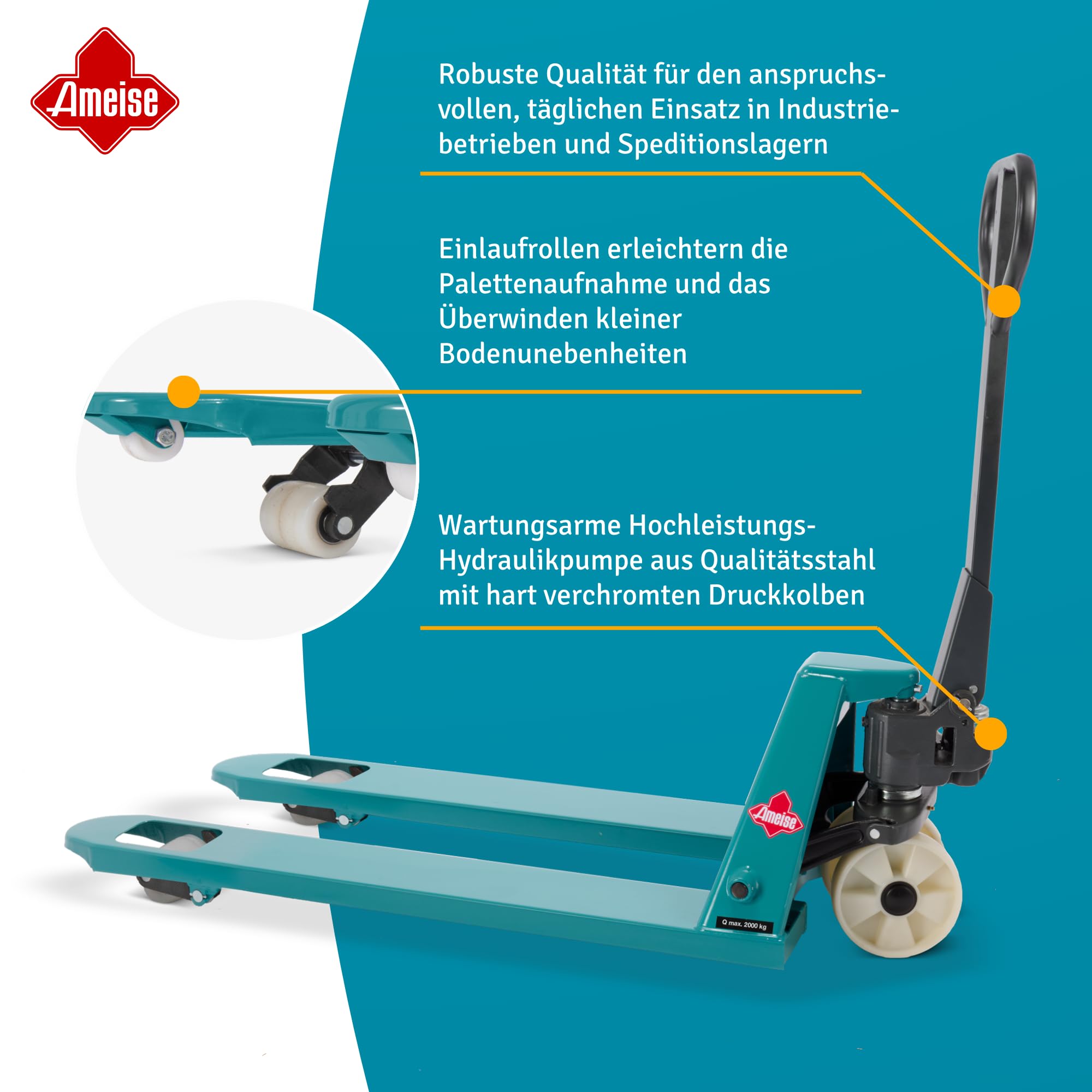 Ameise Hubwagen PTM | 2.000 kg Tragkraft | 1.150 mm Gabellänge | Lenkrad/Gabelrolle aus verschleißarmen Nylon | Einfach-Gabelrollen | Palettenhubwagen