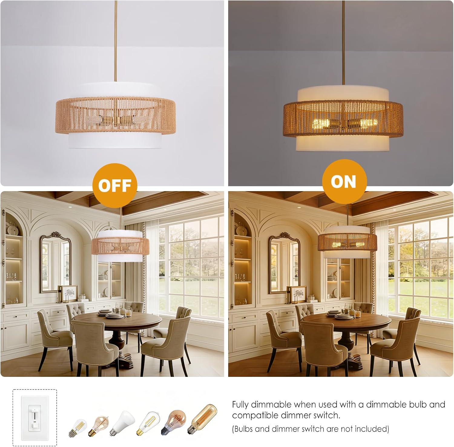 19.7" Boho Rattan Chandelier, 4-Light Handwoven Farmhouse Pendant Light with Fabric Shade, Height Adjustable Chandeliers for Dining Room Living Room Kitchen Island Bedroom Foyer