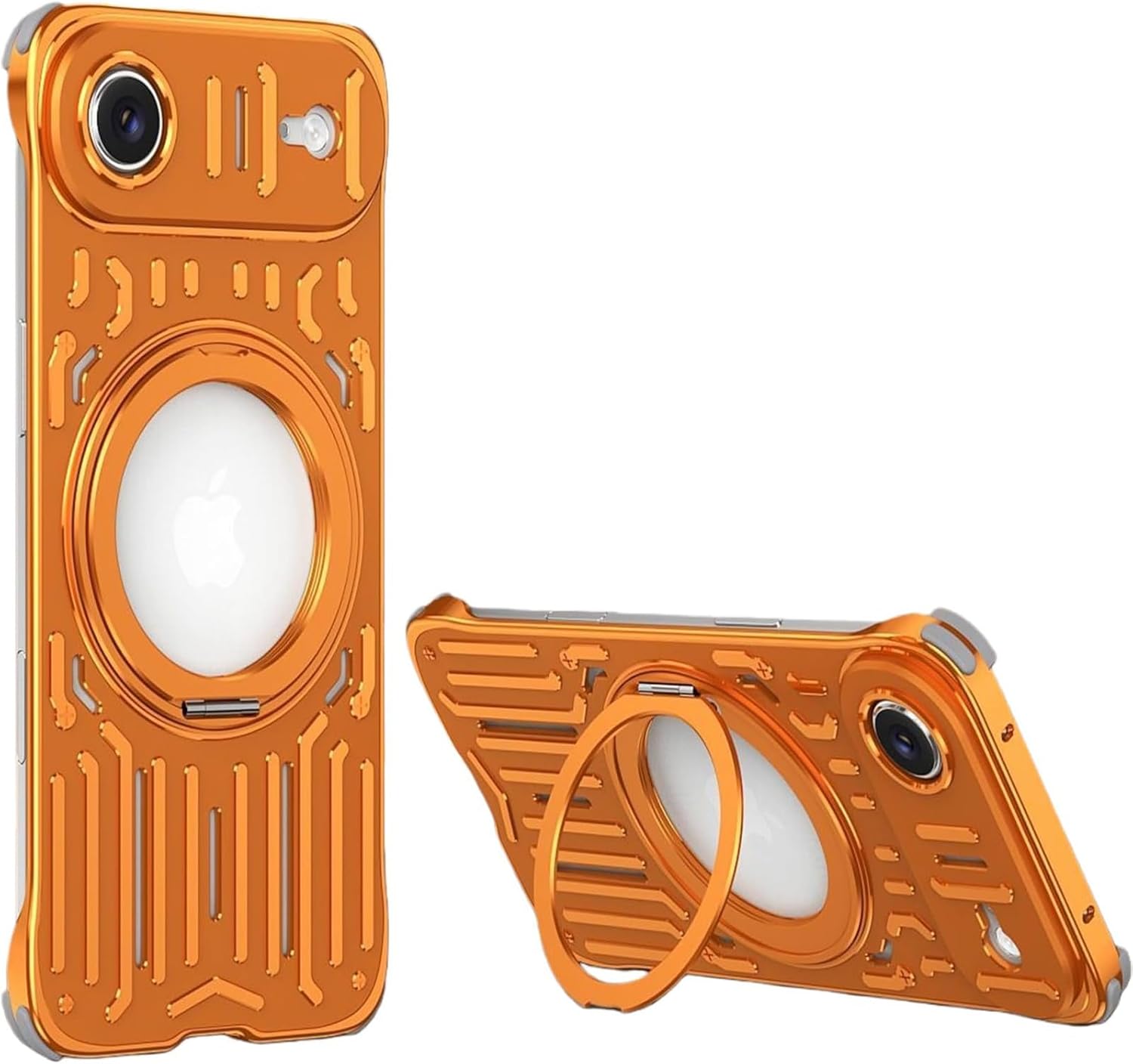 Metal Mecha Case for iPhone 17/17 Air/17 Pro/17 Pro Max, Slim Aluminum Hollow Frame with Cooling Vented Design, Magnetic 360° Ring Kickstand & Impact-Resistant Corner Protection(Orange,17 Pro)