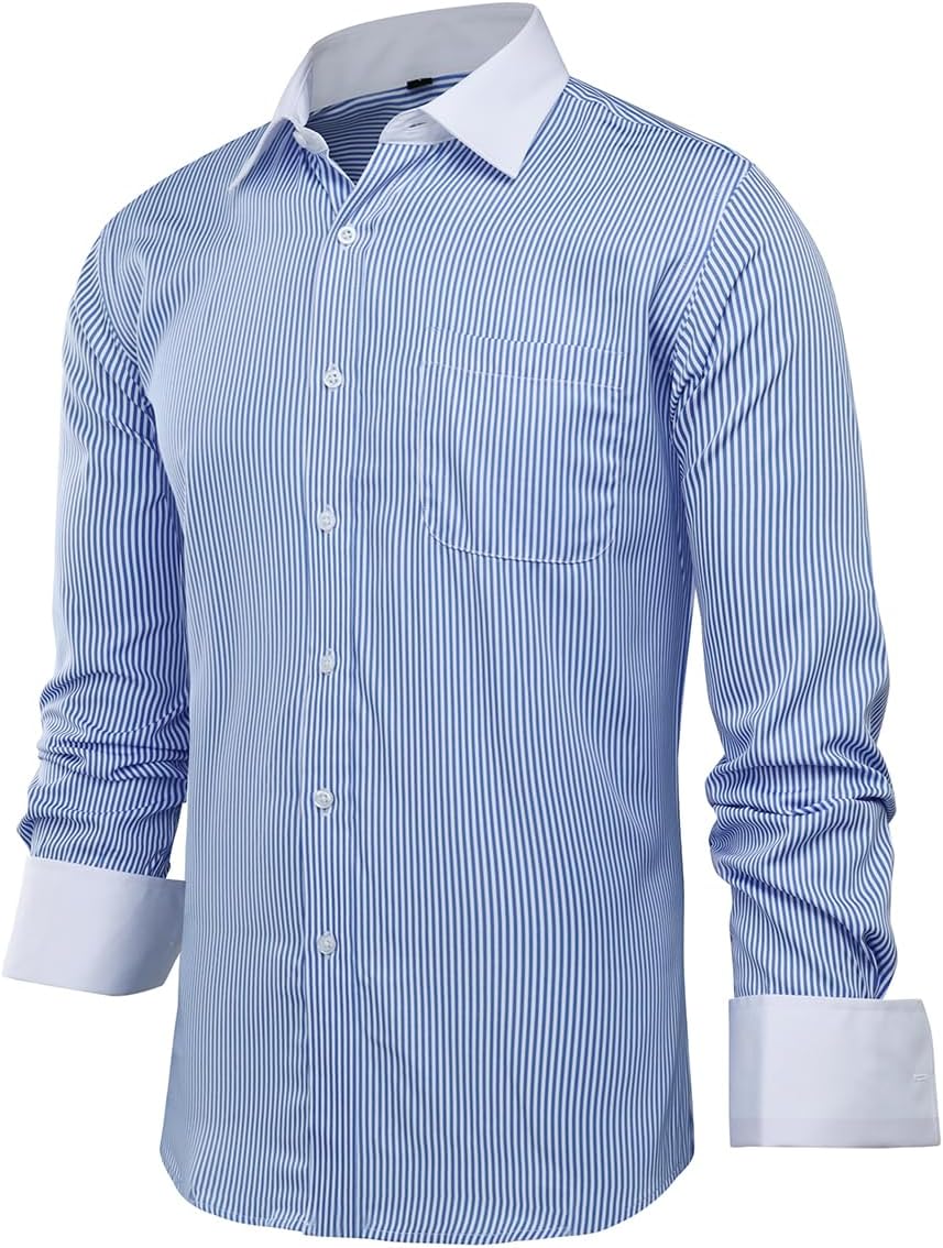 Cloudstyle Men's Dress Shirt Slim Fit Button Down Stripe Checked Shirt - Image 3
