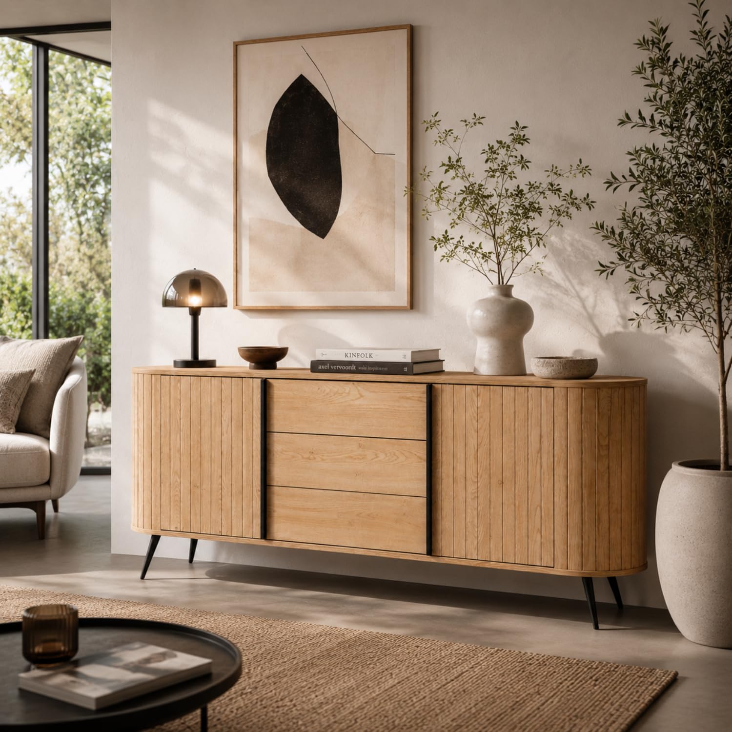 Arreditaly Credenza Moderna Scandinava Con 2 Ante 3 Cassetti E Ripiani Interni Piedi In Metallo Nero Mobile Contenitore Per Soggiorno Sala Da Pranzo 196 X 40.2 X 81.8 Cm Rovere