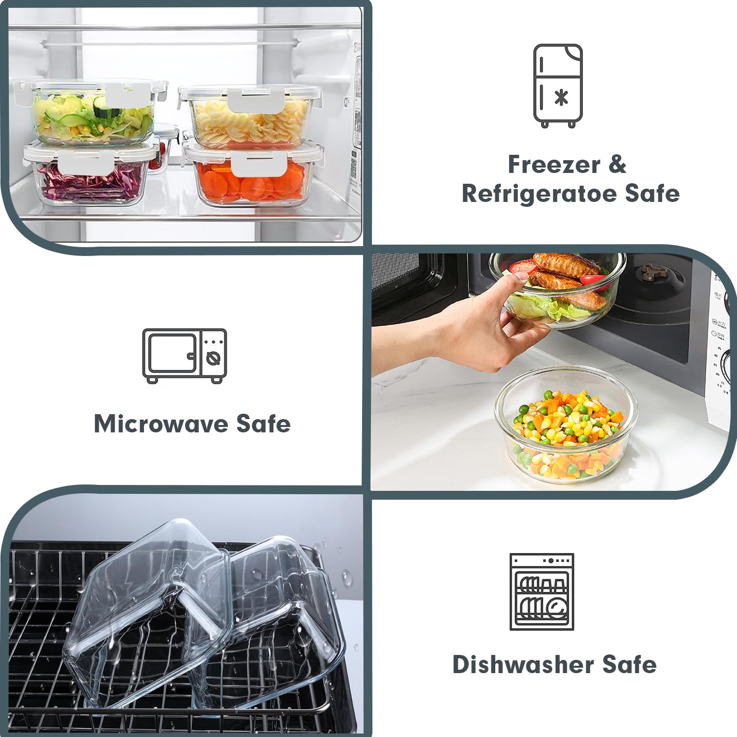 VERONES 30-teiliges Glasbehälter-Set, stapelbare Frischhaltedosen mit Deckel, luftdichte Glas-Lunchbehälter für Mikrowelle, Backofen, Gefrierschrank und Spülmaschine, Weiß
