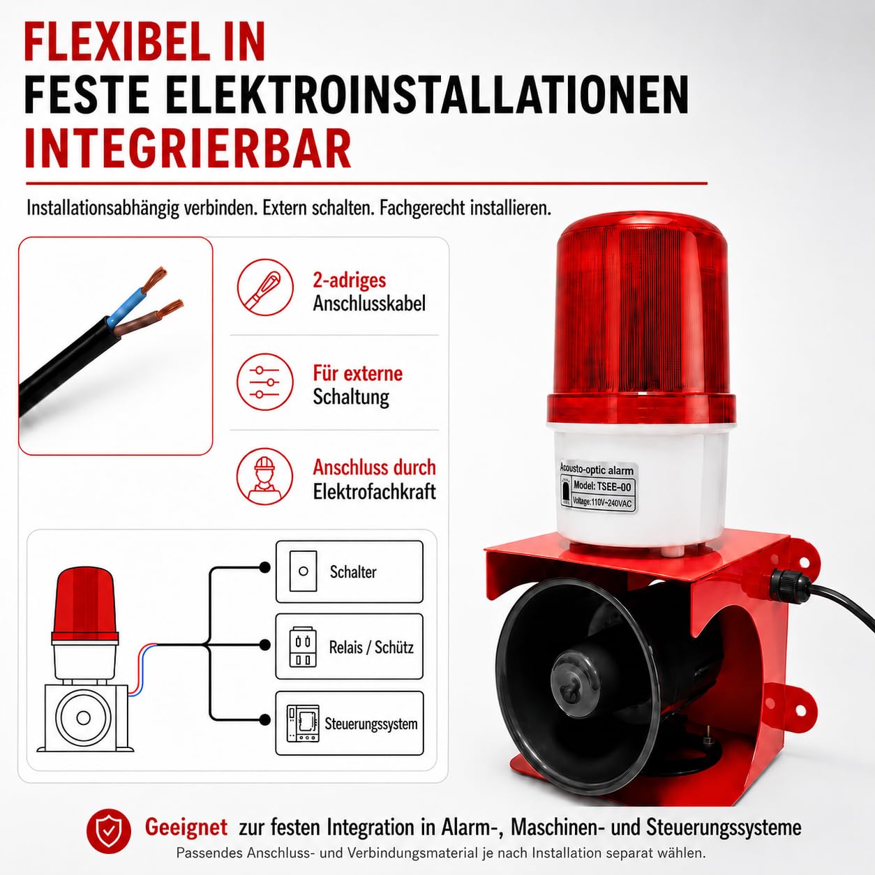 Valchoose Industrielle Alarmsirene 115 dB mit LED-Blitzlicht, IP65
