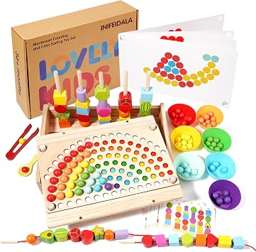 INIFEIDALA Wooden Peg Board Beads Sequencing Toy Set-Magnetic Dinosaur Building Toys
