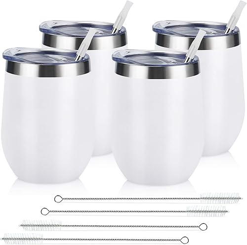Miniatura 25 de Lifecapido Paquete de 4 copas de vino de acero inoxidable de 12 onzas sin tallo, vaso de vino aislado, vasos de vino de acero inoxidable con tapas