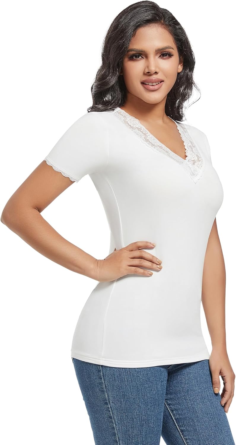 MANCYFIT Short Sleeve Thermal Shirts for Women Thermal Tops Lace V Neck Fleece Lined Tops for Women Base Layer - Image 3