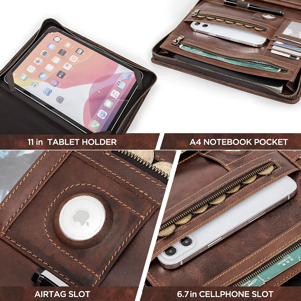 CONTACT'S FAMILY Carpeta con cremallera, funda de piel para tablet de 11 pulgadas, carpeta profesional de conferencias, organizador de trabajo personal, soporte para documentos de viaje de negocios