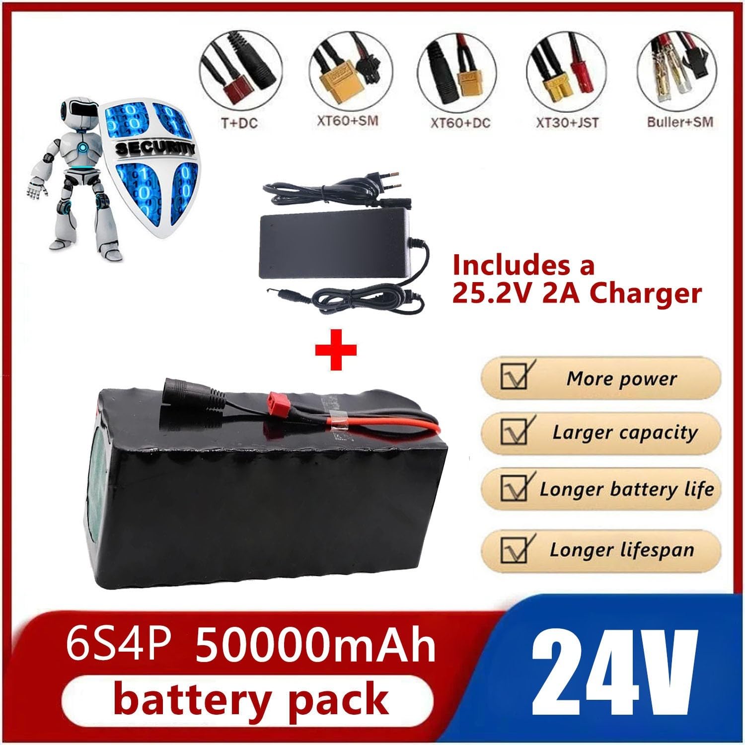 Batería For Bicicleta Eléctrica De 24 V, 50 Ah, For 6S4P Con Tablero Protección BMS Cargador For Motor Scooter Eléctrico 100 W - 500 XT60,24V(T)