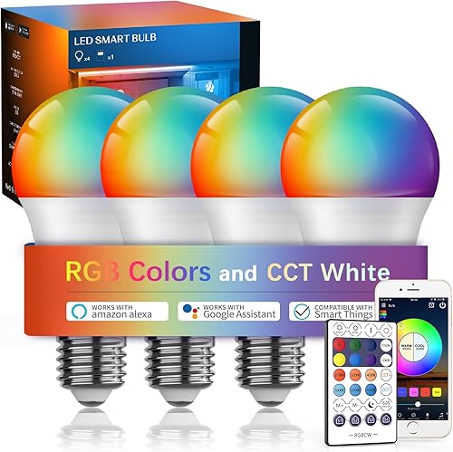 Comoyda Bombillas inteligentes con control remoto WiFi Bluetooth que cambia de color bombilla LED A19 9 W 800 lúmenes bombilla de sincronización de