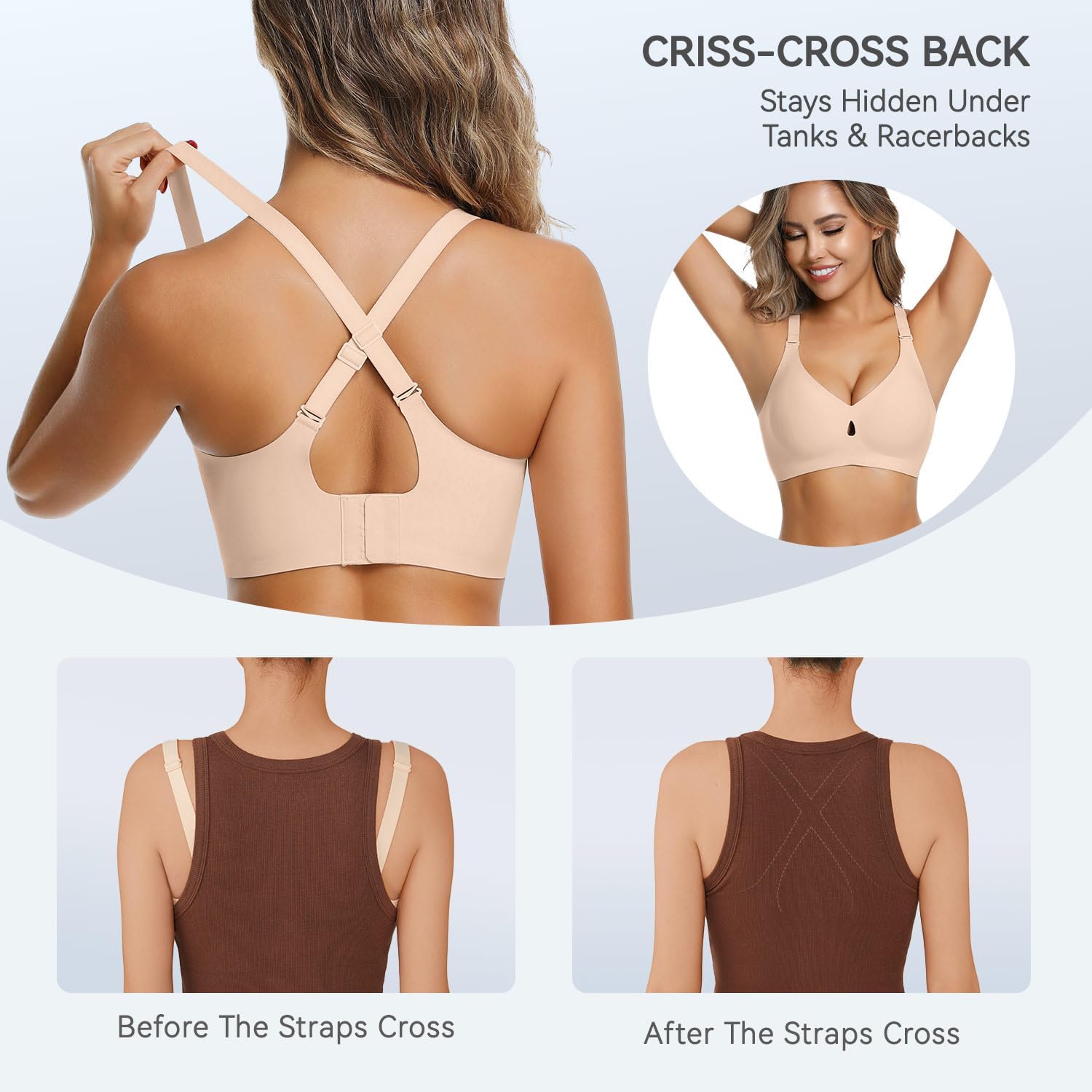LUCKMEEY Bras for Women No Underwire Wireless Bras Removable Straps (U/Halter/Cross) Push Up Seamless T-Shirt Bra - Image 4