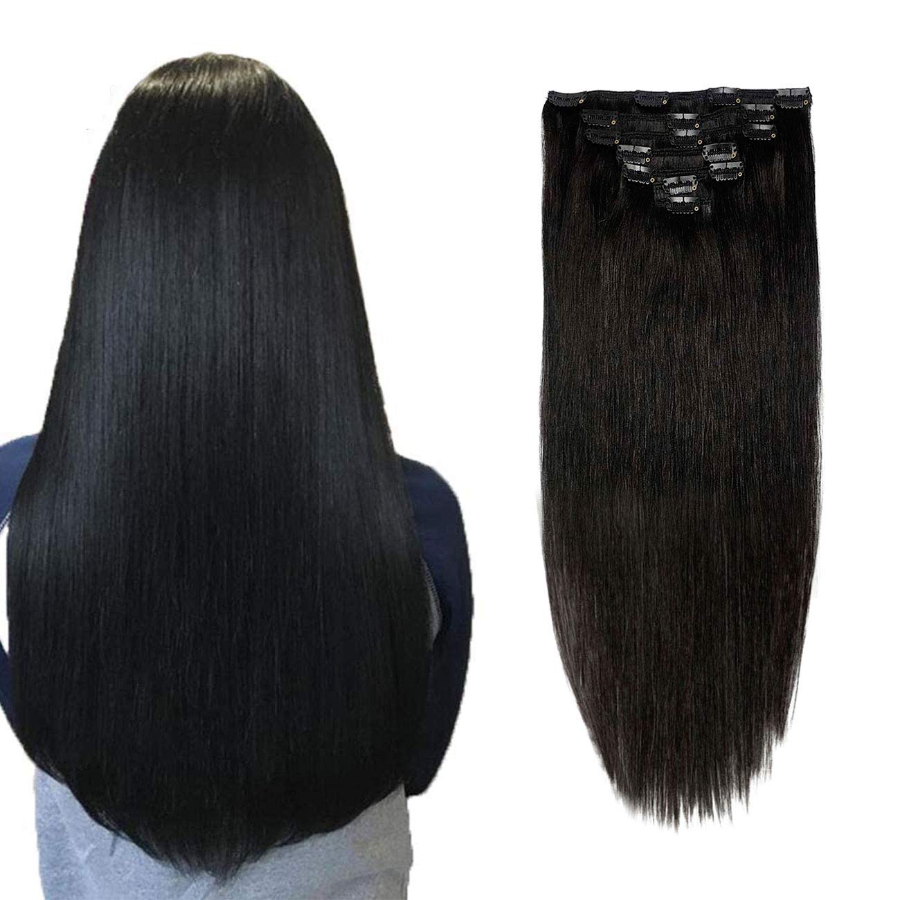 Clip in security Human Hair Extensions Black Remy Jet Straight