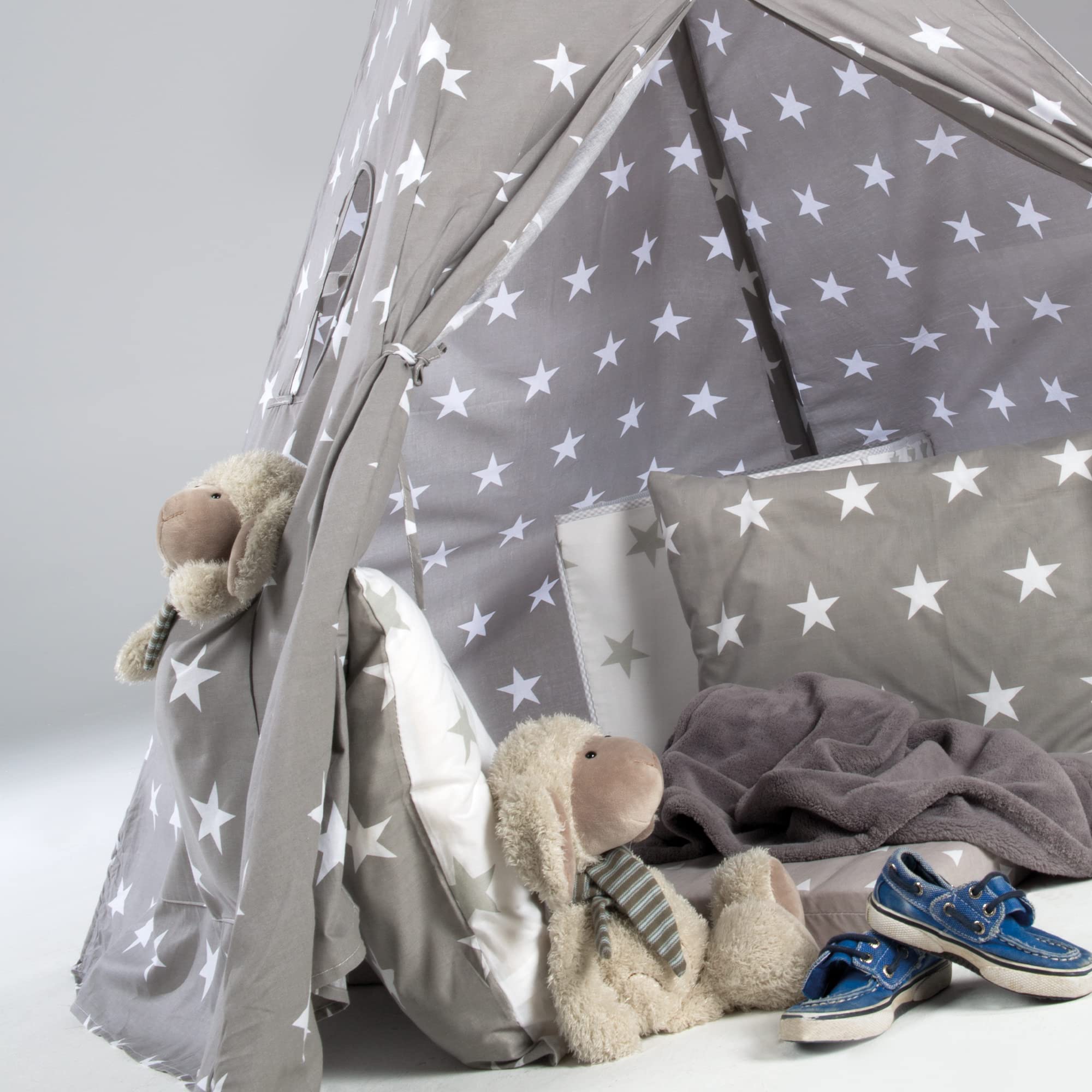 roba Spielzelt 'Little Stars' inkl. Bodenunterlage und Tragetasche - Wigwam für Kinderzimmer und Outdoor - Grau / Weiß