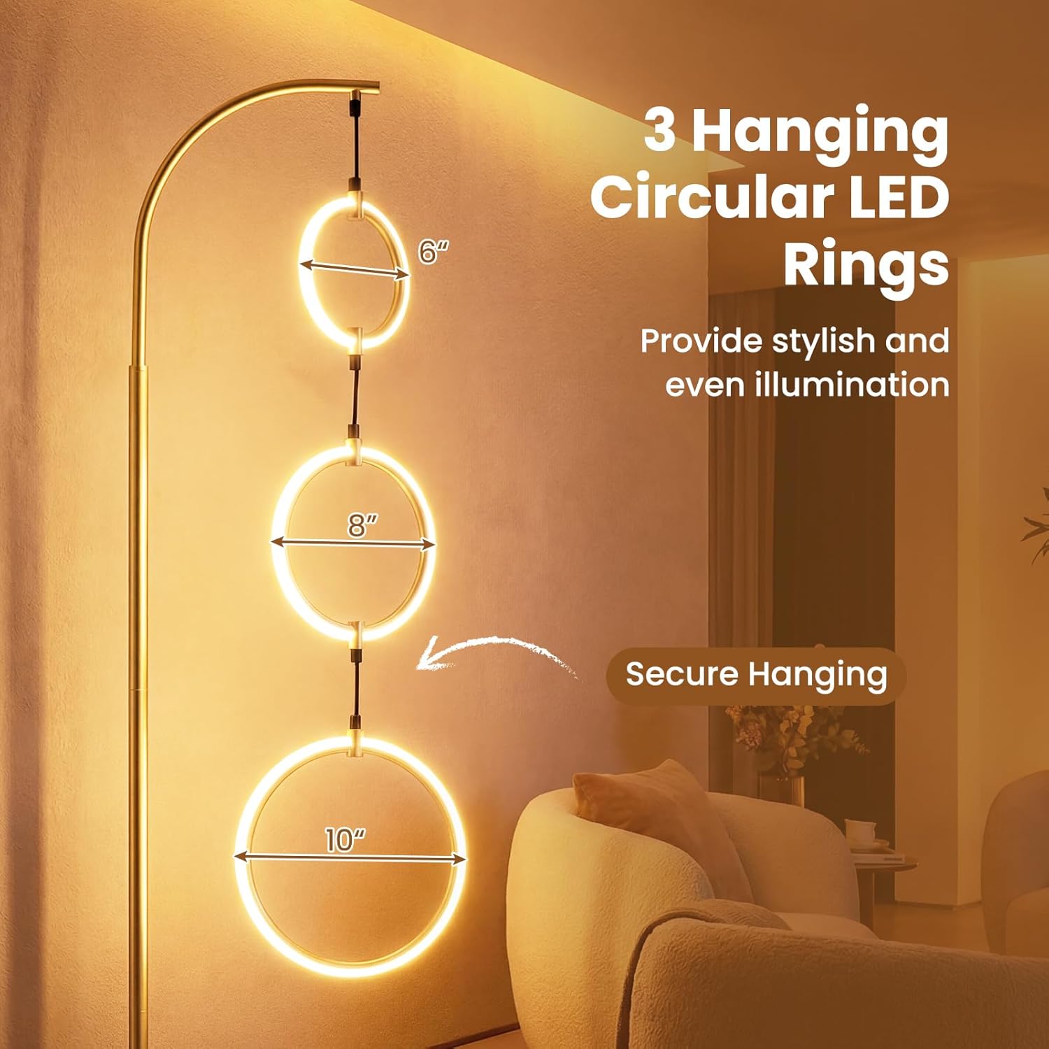 Giantex 71'' Modern 3-Ring LED Floor Lamp, Dimmable Standing Lamp with Foot Switch, 3 Color Temperatures Tall Contemporary Light for Living Room, Bedroom, Office, Gold