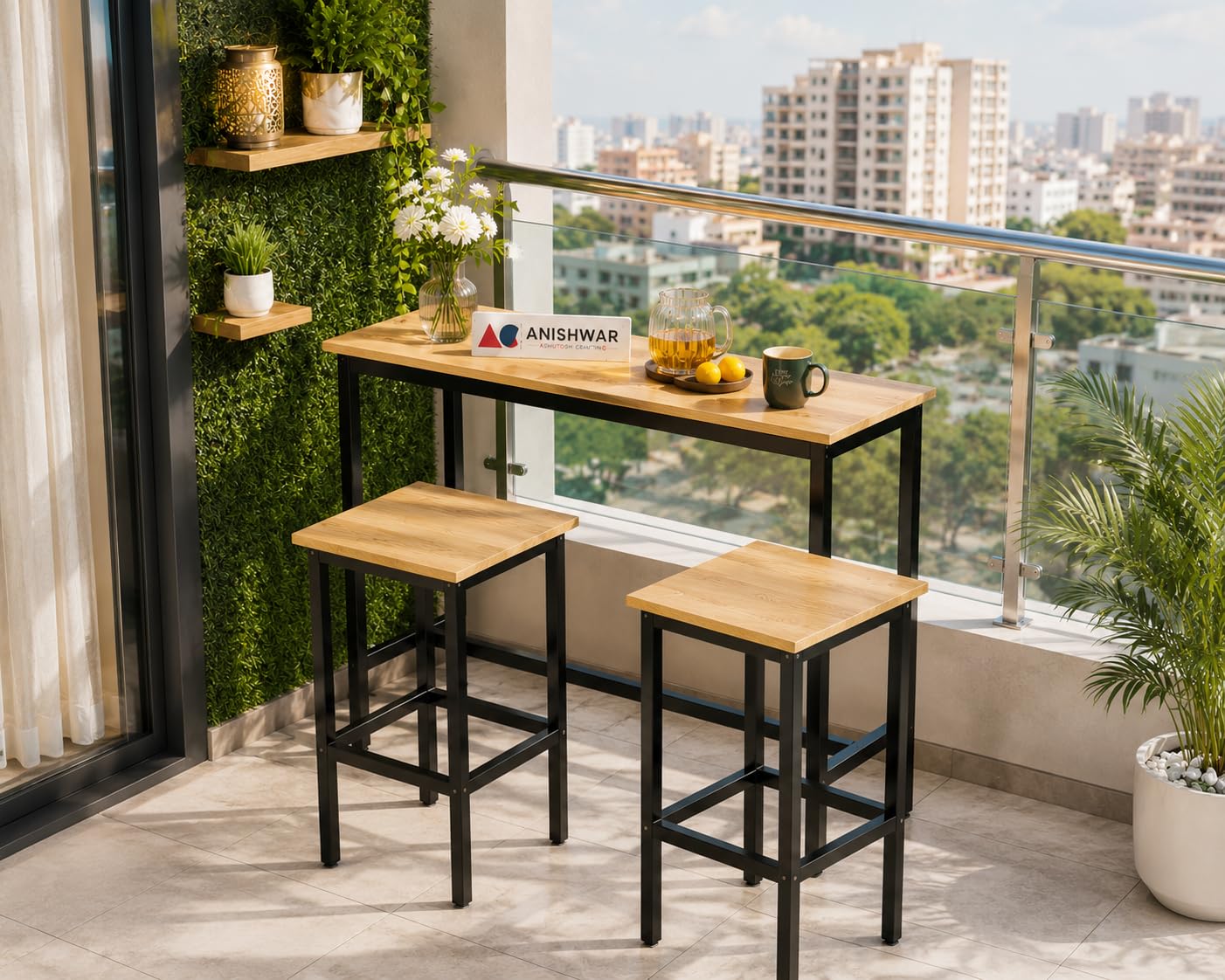 engineered wood & metal dining table set with 2 stools for bar | wooden table chairs kitchen bar height table with stools | rustic brown & black