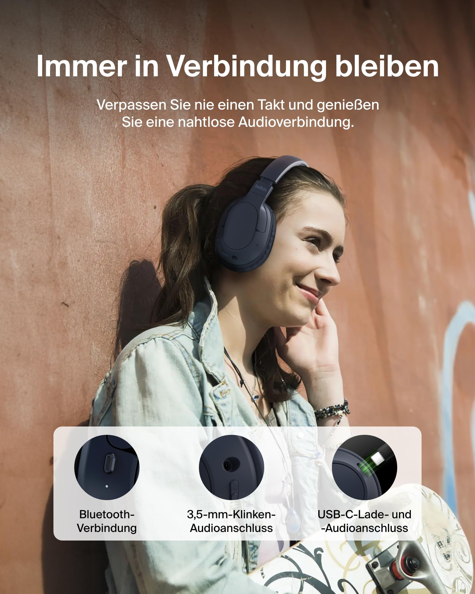 Belkin SoundForm Surround Kopfhörer Kabellos Bluetooth, Over-Ear Environmental Noise Cancelling Kopfhörer, 60 Std. Betrieb, weiche Hörmuscheln für iPhone, Galaxy, iPad, zu Hause, Büro – Blau