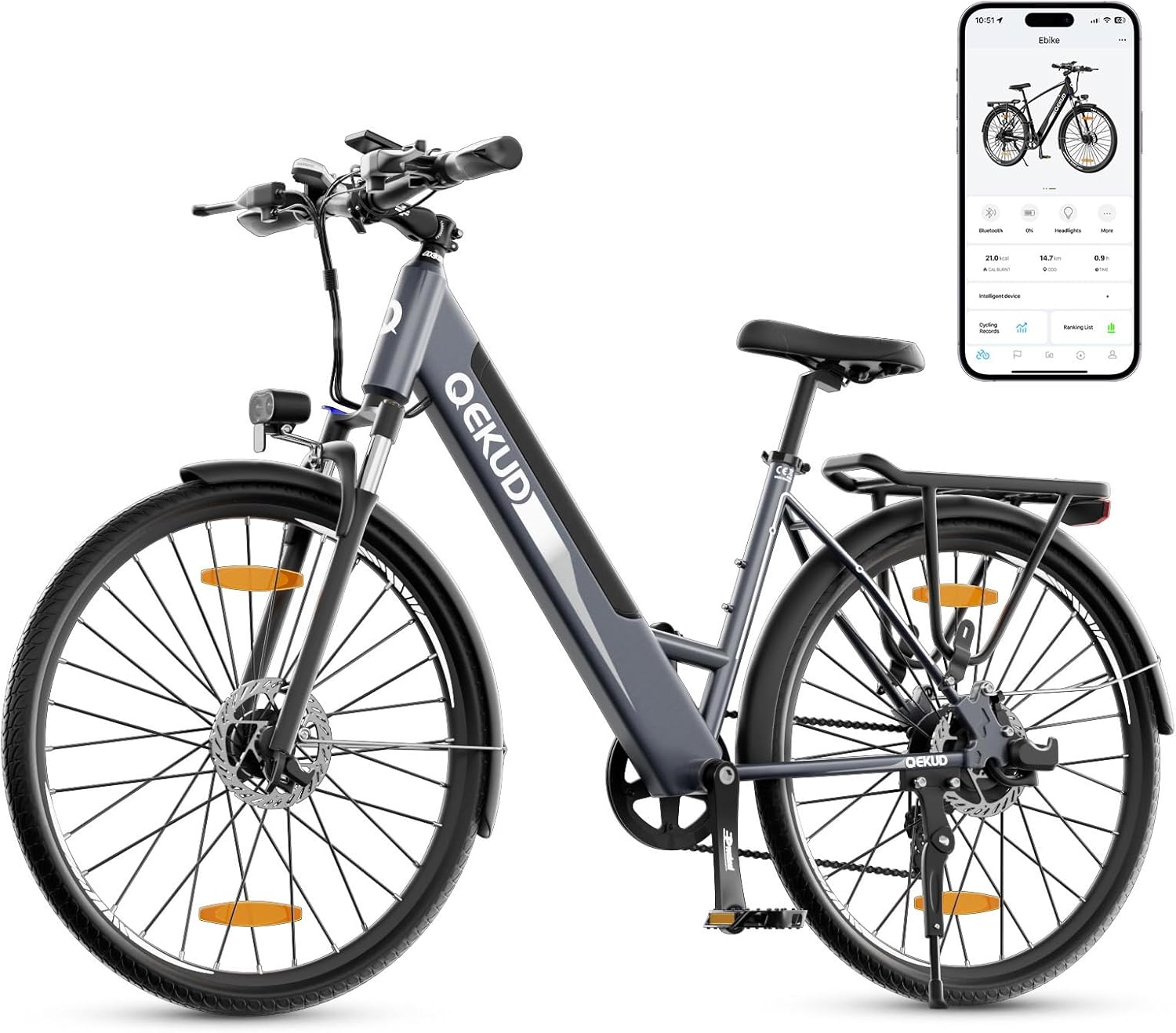 Qekud 26 inch Electric Trekking Bike in grey, shown from the side with a smartphone displaying its app interface.