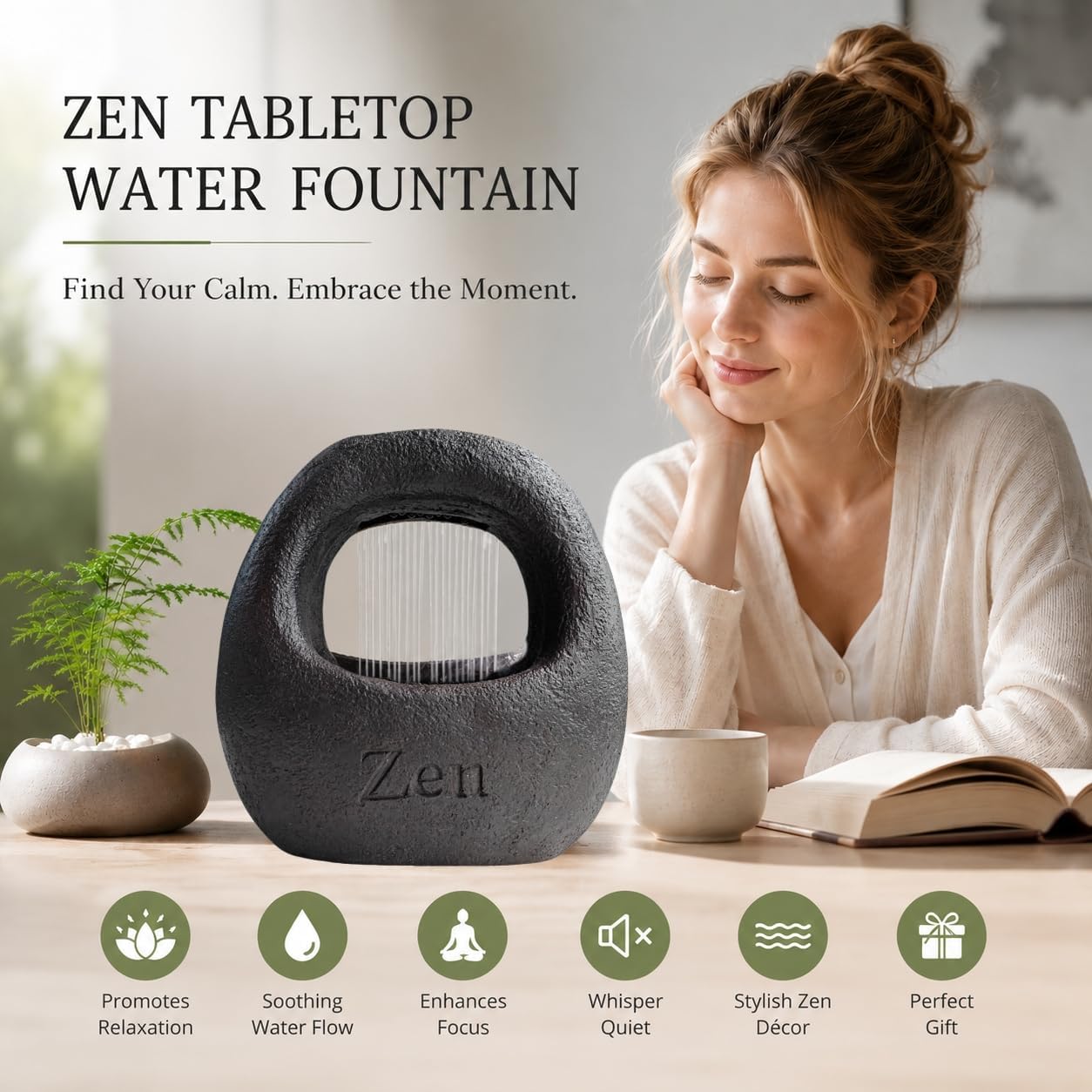 Tabletop Water Fountains, 7.8" Indoor Waterfall with 4-Color Relaxing Lights & Quiet Submersible Pump, Small Soothing Sound Machine, Feng Shui Decor for Good Luck, Relaxation & Meditation