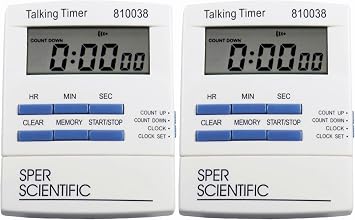 Sper Scientific Talking Timer with Audible Countdown Voice Announcements 810038 - Large LCD Display, Hands-Free Timer with Loud Alarm & Memory Recall - Perfect for Cooking, Labs, Fitness & more - 2 pc