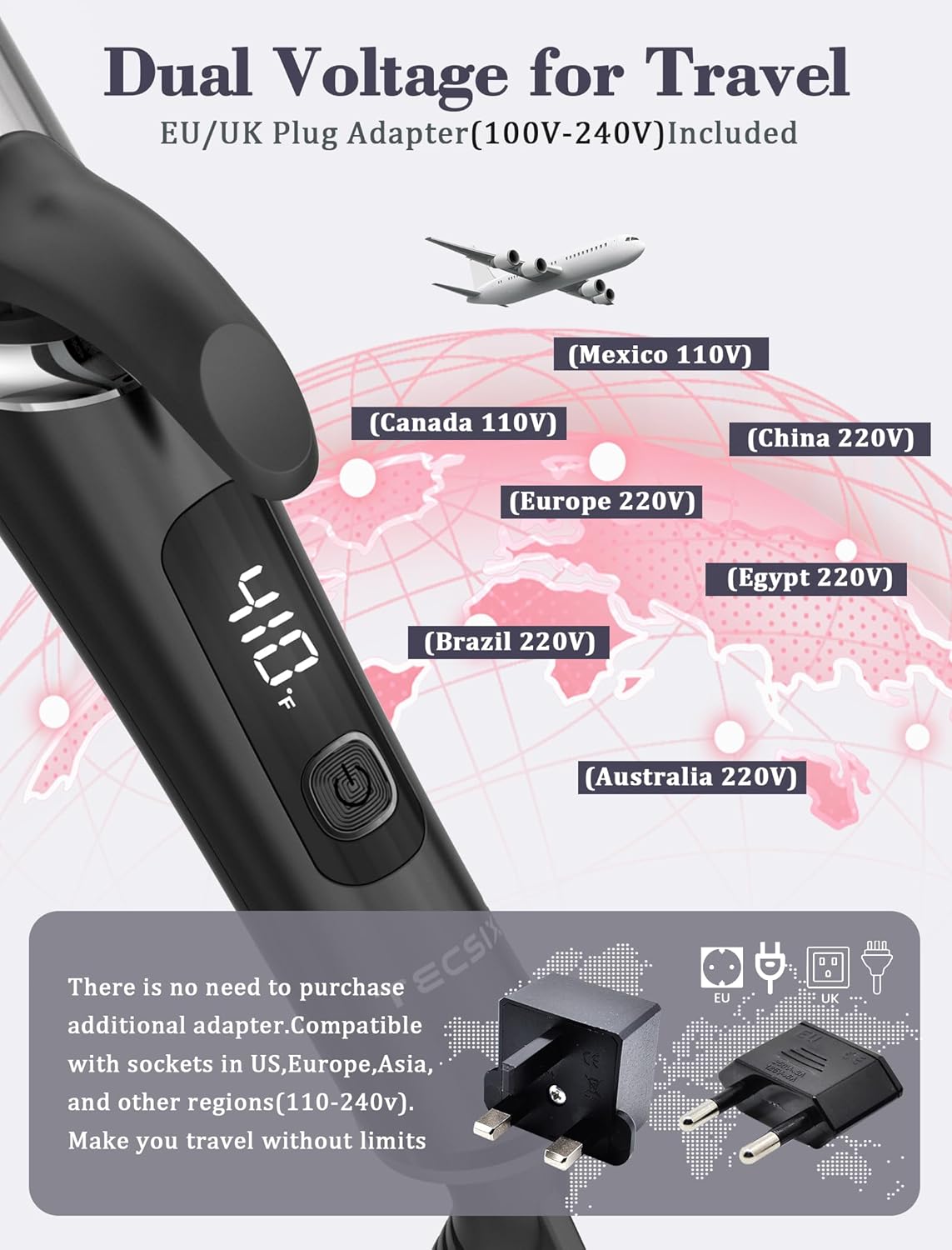 Travel Curling Iron 1 Inch,Dual Voltage Curling Iron 110-240V with European Plug,Small Curling Wand for Women & Short Hair, 5 Temp Digital Settings, Auto-Off, Anti-Scald Cover,Heat-Resistant pad(Grey)
