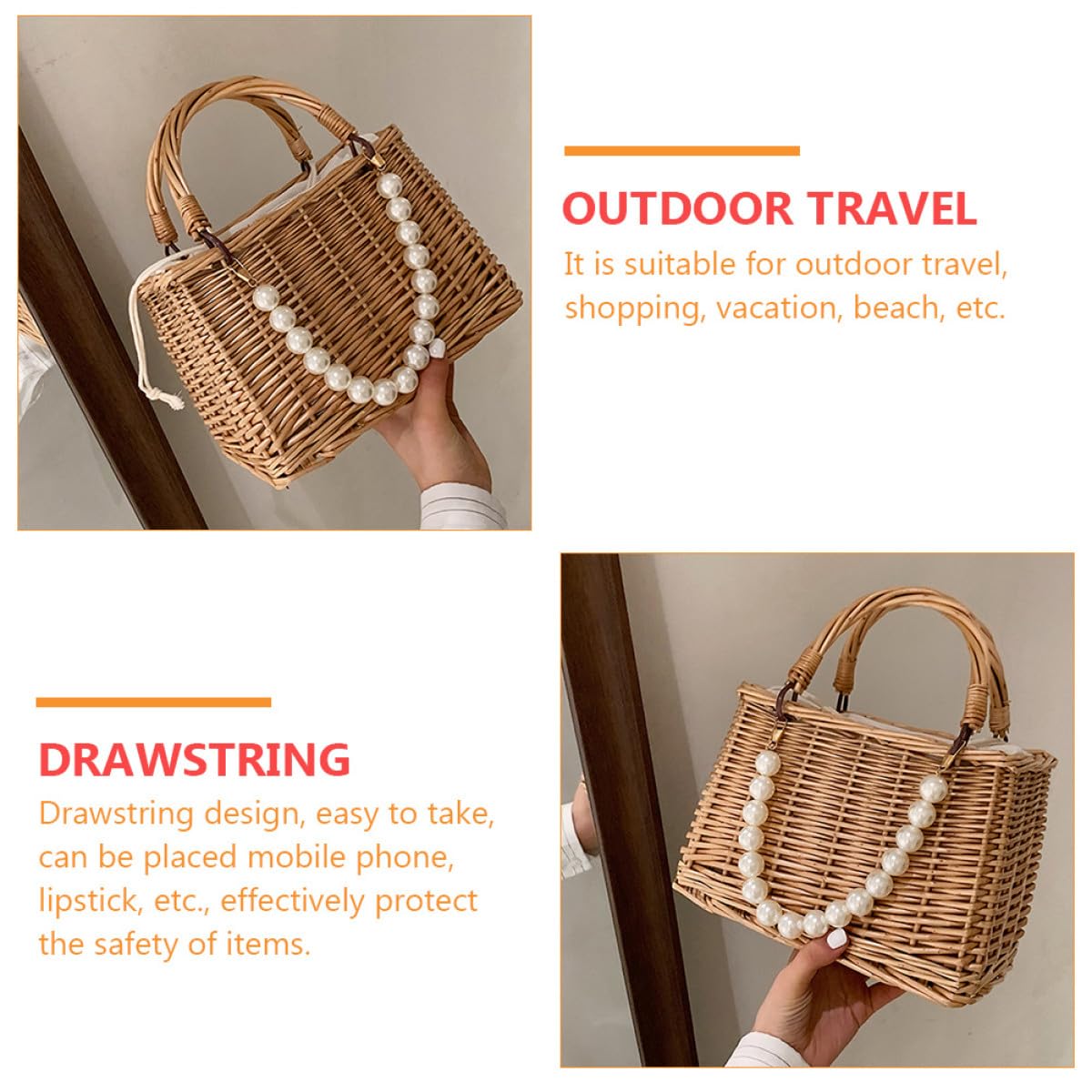 Bolso de Paja Perlas, Asa Superior, para Mujer de Playa