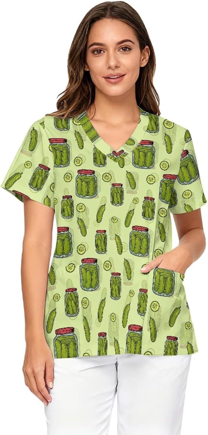 Scrub Tops Women Short Sleeve V-Neck Holiday Printed Medical Nurse Uniforms Scrub Tops Shirt with Pockets