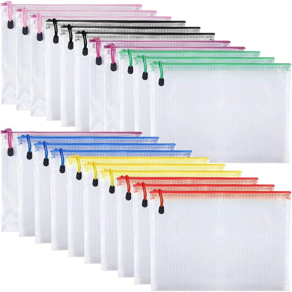 TUPARKA 21 Pcs A5 Zipper Wallet Bags Plastic Mesh Document Wallets for Cosmetics Office Supplies Accessories Mixed Colors