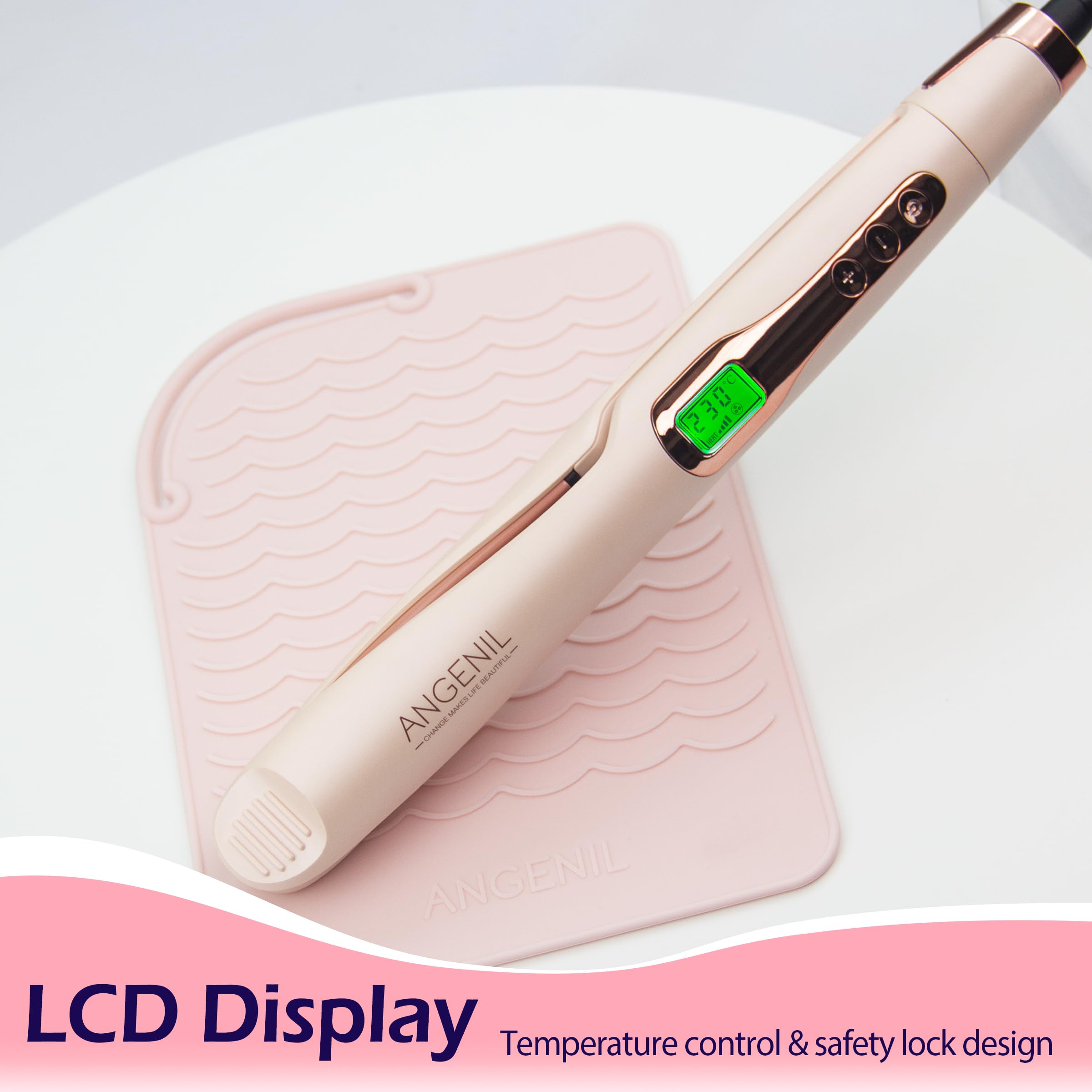 Pro Twist - Plancha de pelo 2 en 1, alisadora y rizadora para mujeres, alisador de pelo redondo de doble voltaje rosa con alfombrilla de silicona resistente al calor, calentamiento rápido de 9