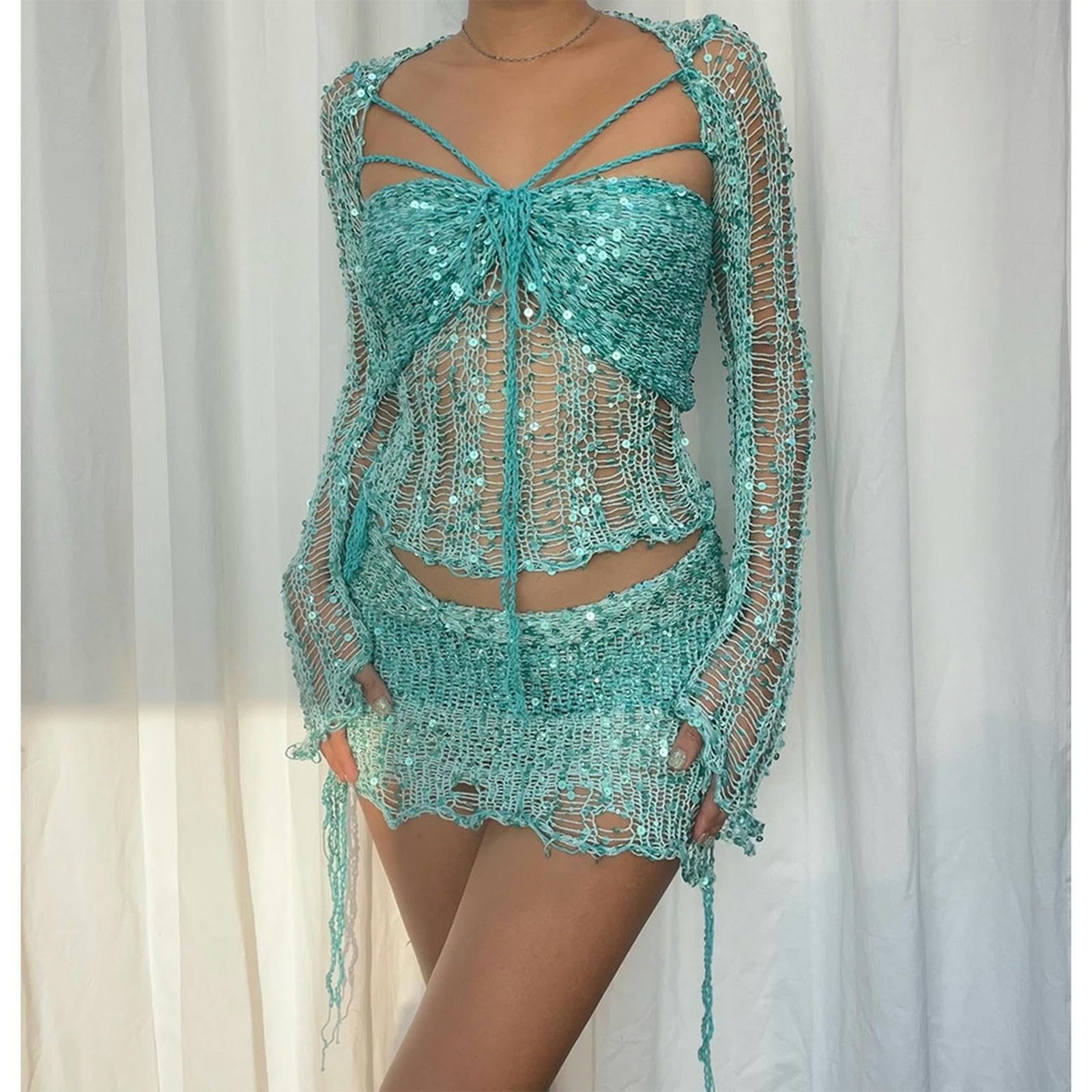 Vêtements européens et américains 2023 Nouveau Pull tricoté à Paillettes Costume Trois pièces-Rose-M