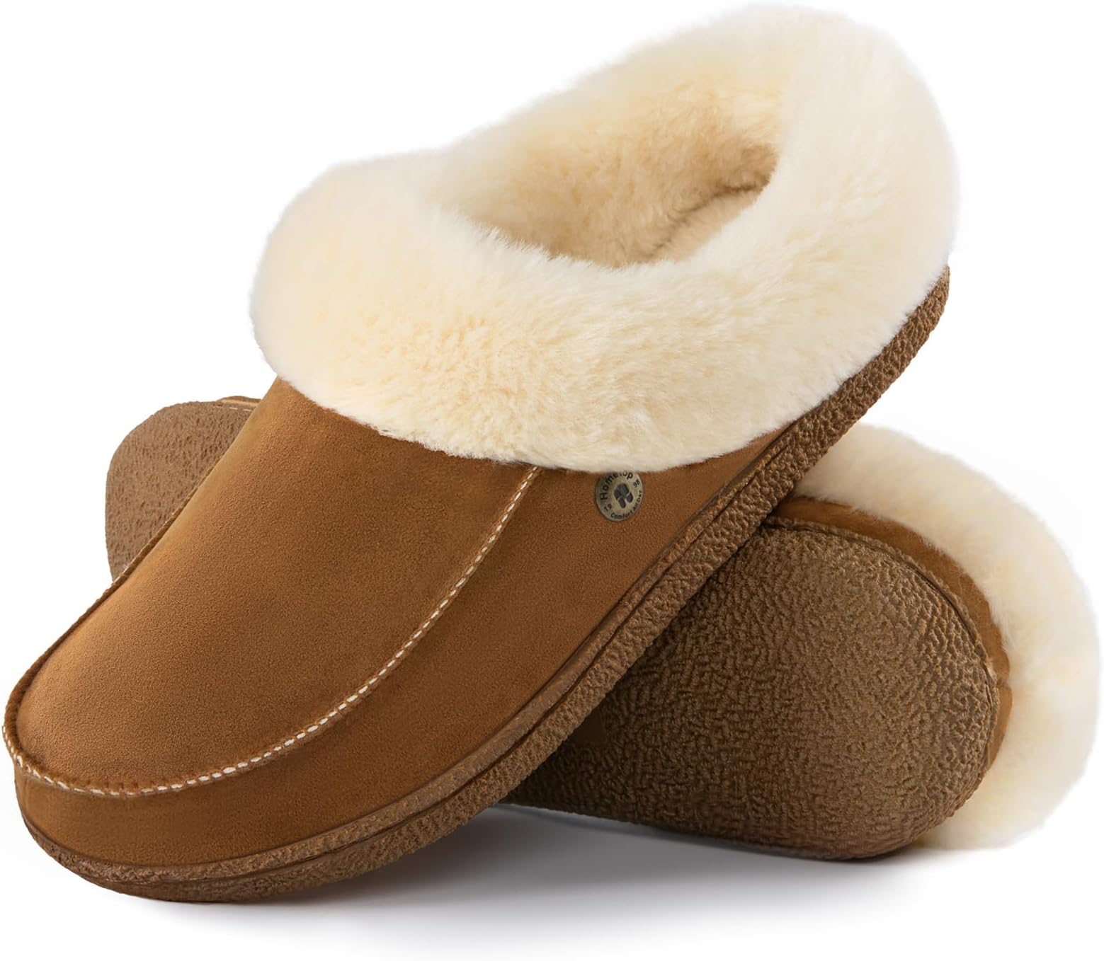 HomeTopWomen's Moccasin Slip-on Slippers Soft Microsuede Clog Comfy Non-slip Memory Foam Indoor Outdoor House Shoes with Fuzzy Collar