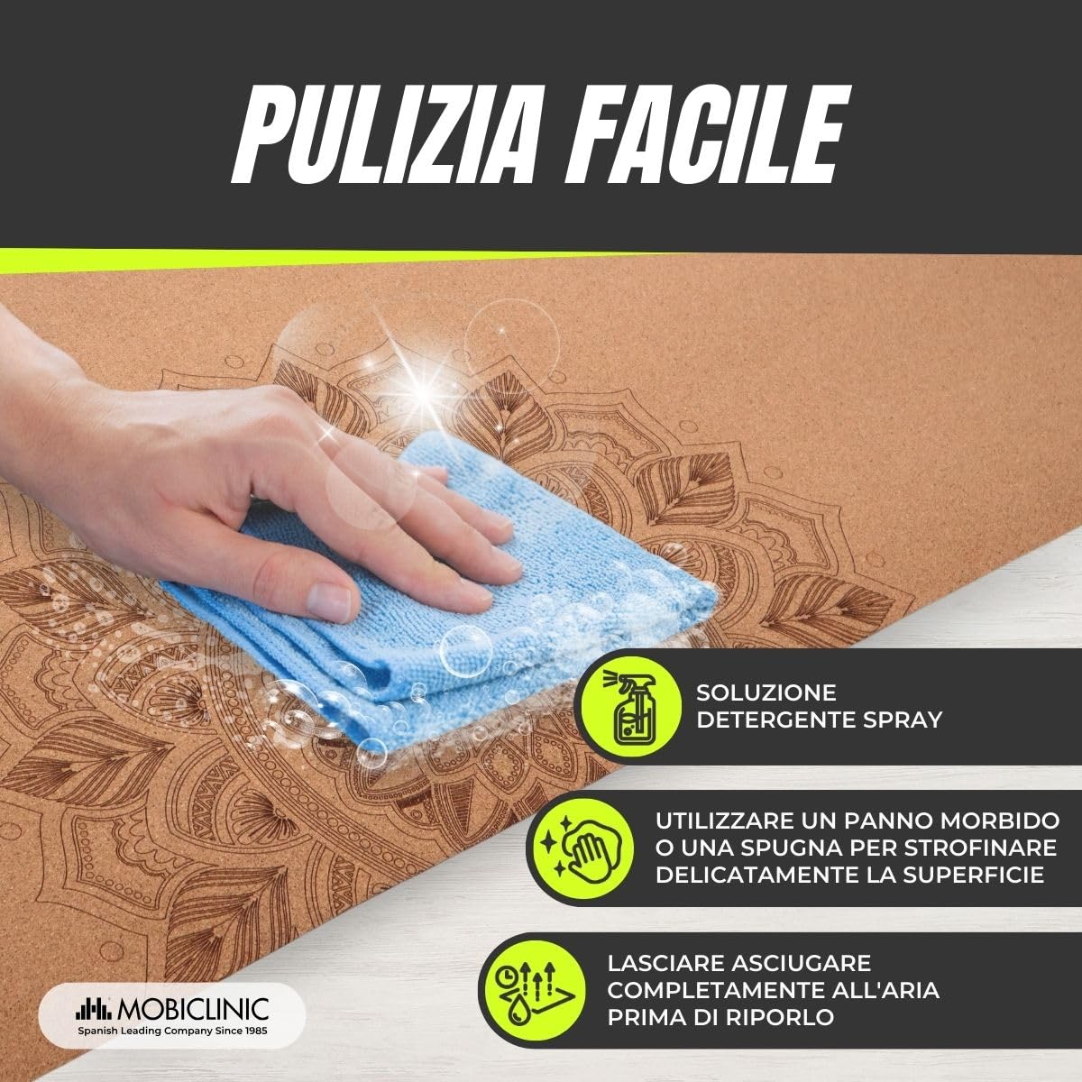 Mobiclinic®, Tappetino yoga in sughero naturale, Antiscivolo, Borsa per il trasporto, Antimicrobico, Spessore 4 mm, 100% tpe riciclabile, 183x61cm, Disegno mandala, Ey-02, Pilates, Fitness