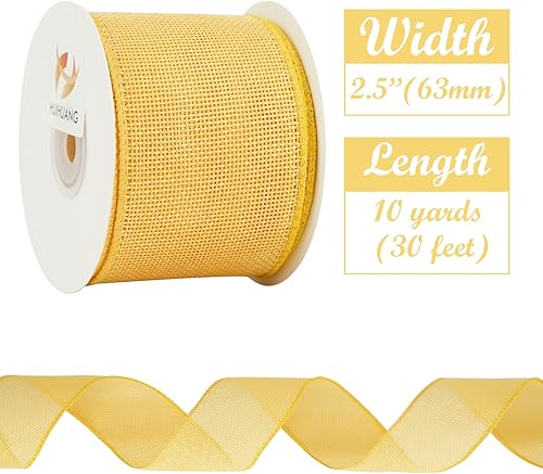 Miniatura 2 de HUIHUANG Cinta amarilla de yute con alambre de arpillera  2.5 pulgadas x 10 yardas con borde de alambre sólido para coronas, lazos grandes,