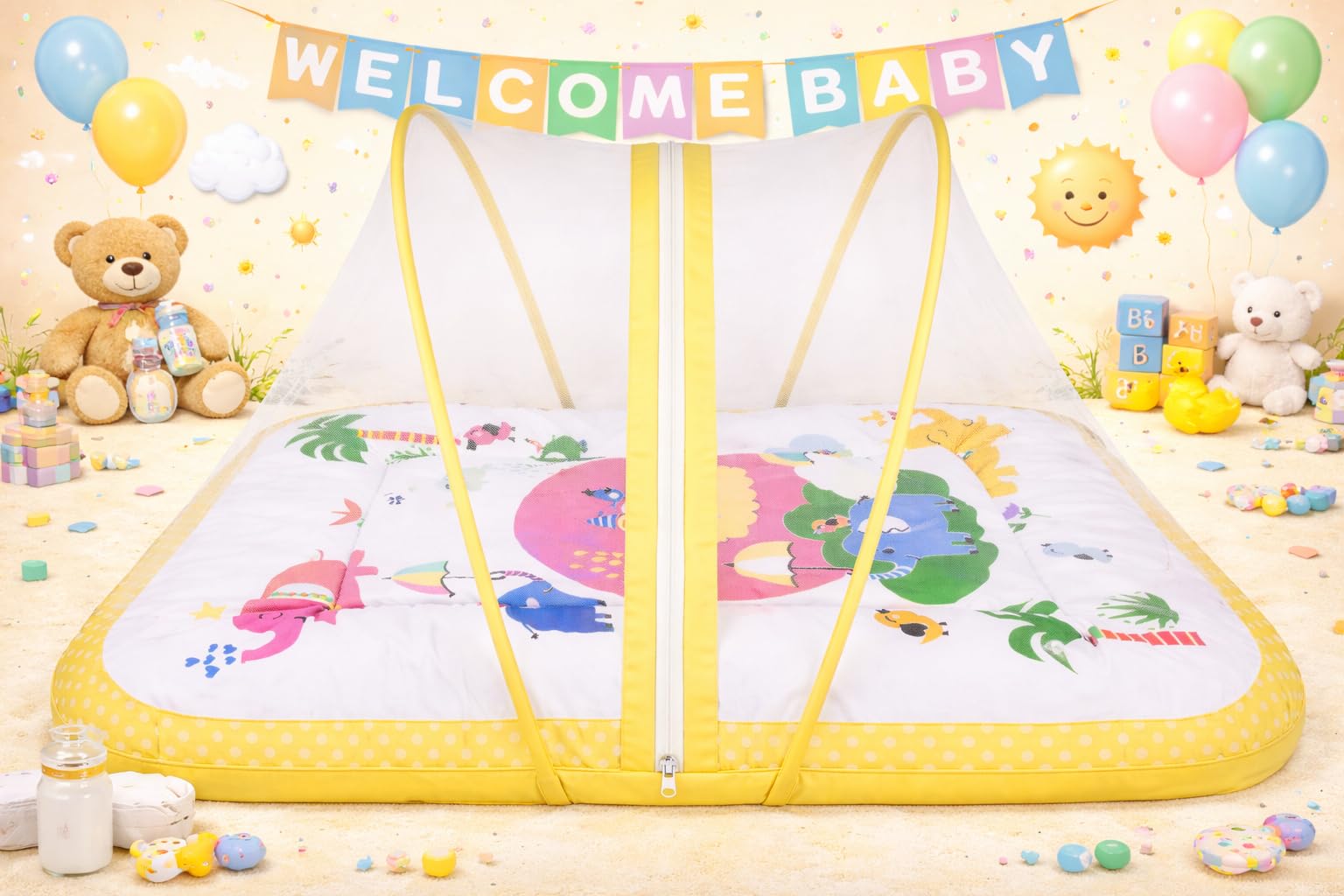 Kwitchy Baby Bed with Mosquito Net New Born Baby Bedding Set | Folding Bed | Toddler Mattress | Cotton | Gadda Set | Travel Beds | Boys & Girls | Gift Pack (0-6 M) (Yellow) 1