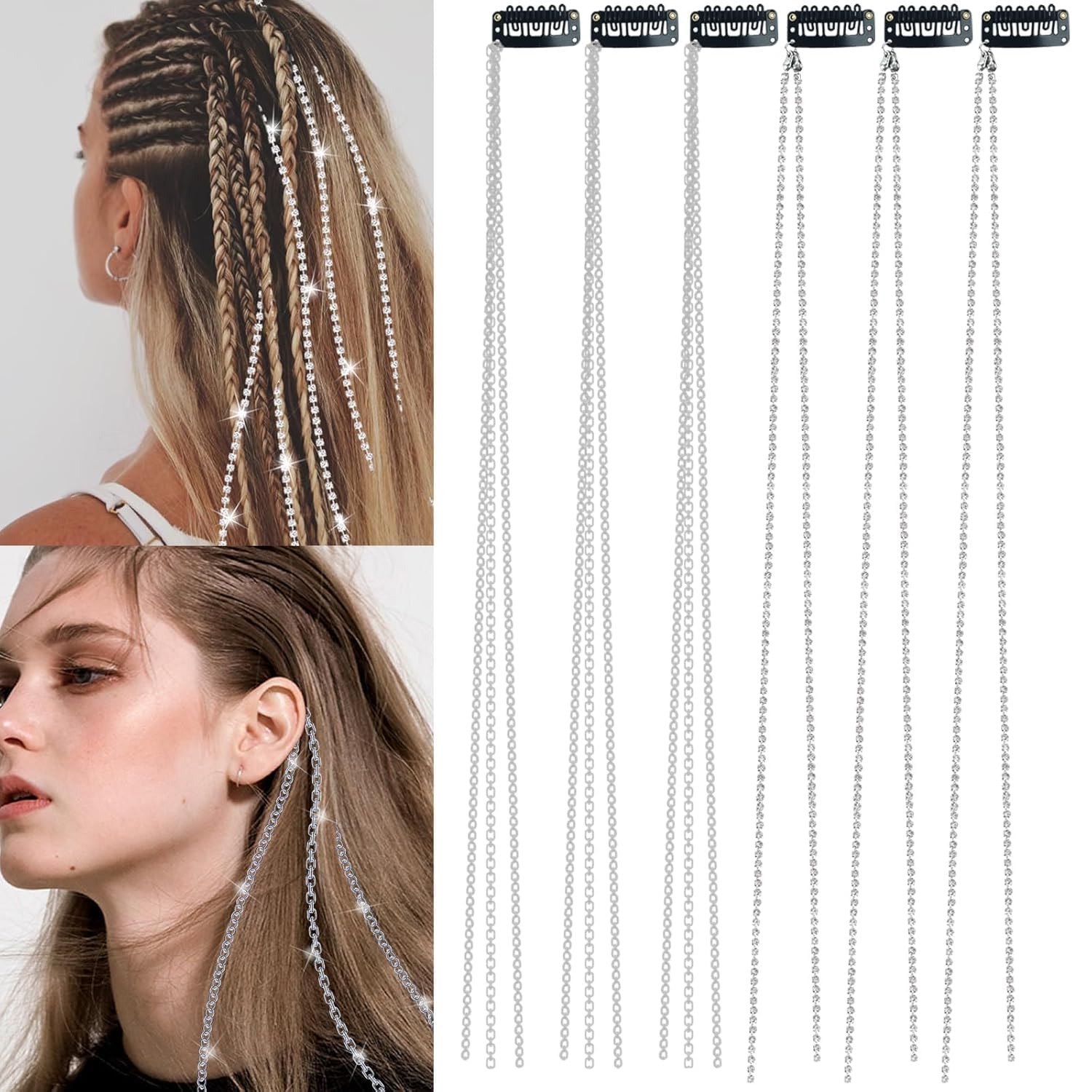 6-Pack Silver Punk Tassel Hair Clips with Rhinestones & Thin Chains | Braiding Extensions for Nightclub | 2 Stylish Designs