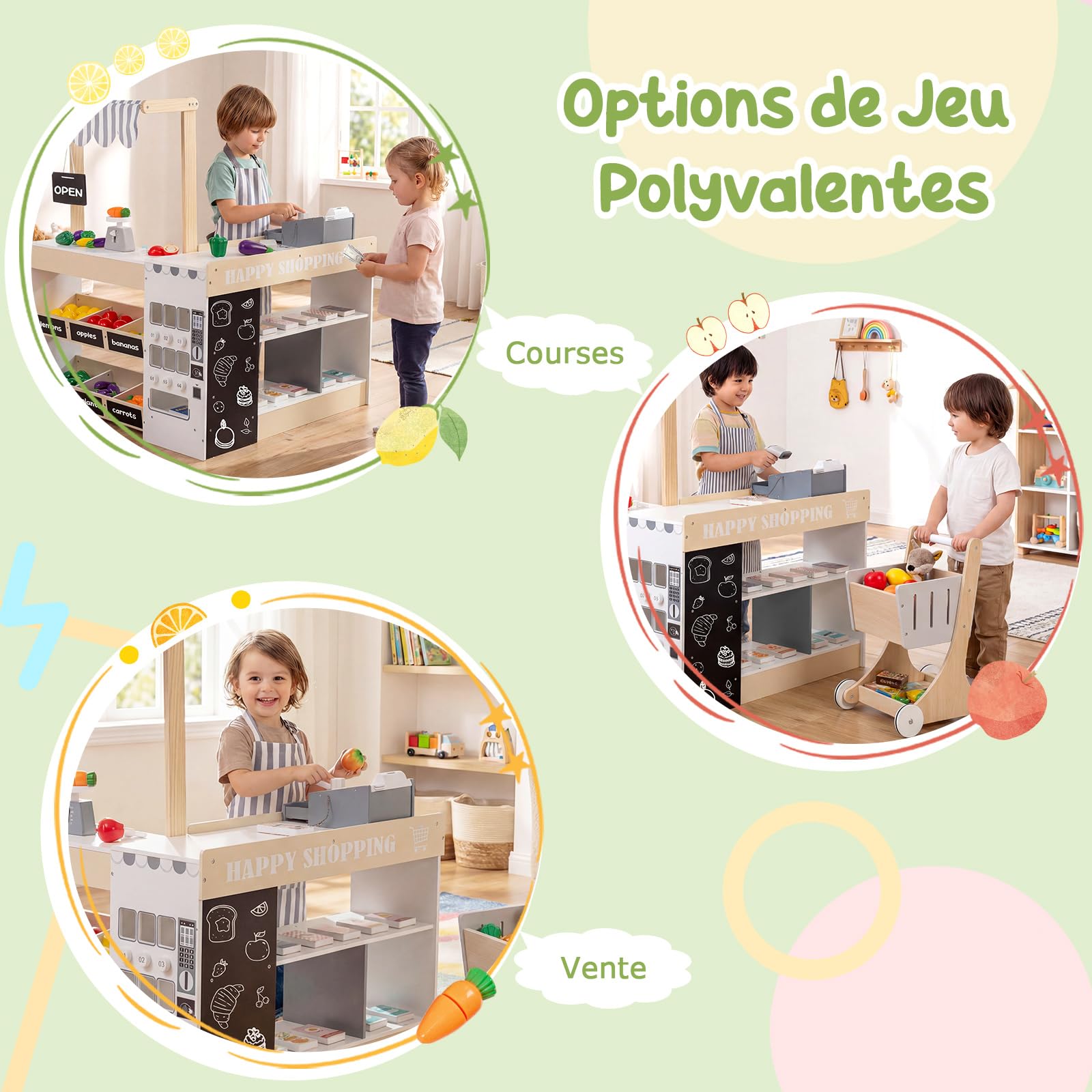 COSTWAY Marchande Enfant avec Distributeur Automatique et Chariot de Courses, Supermarché Enfant en Bois avec Comptoir de Caisse et 2 Tableaux Noirs, Étagères, Jeu d’Épicerie pour 3 Ans+