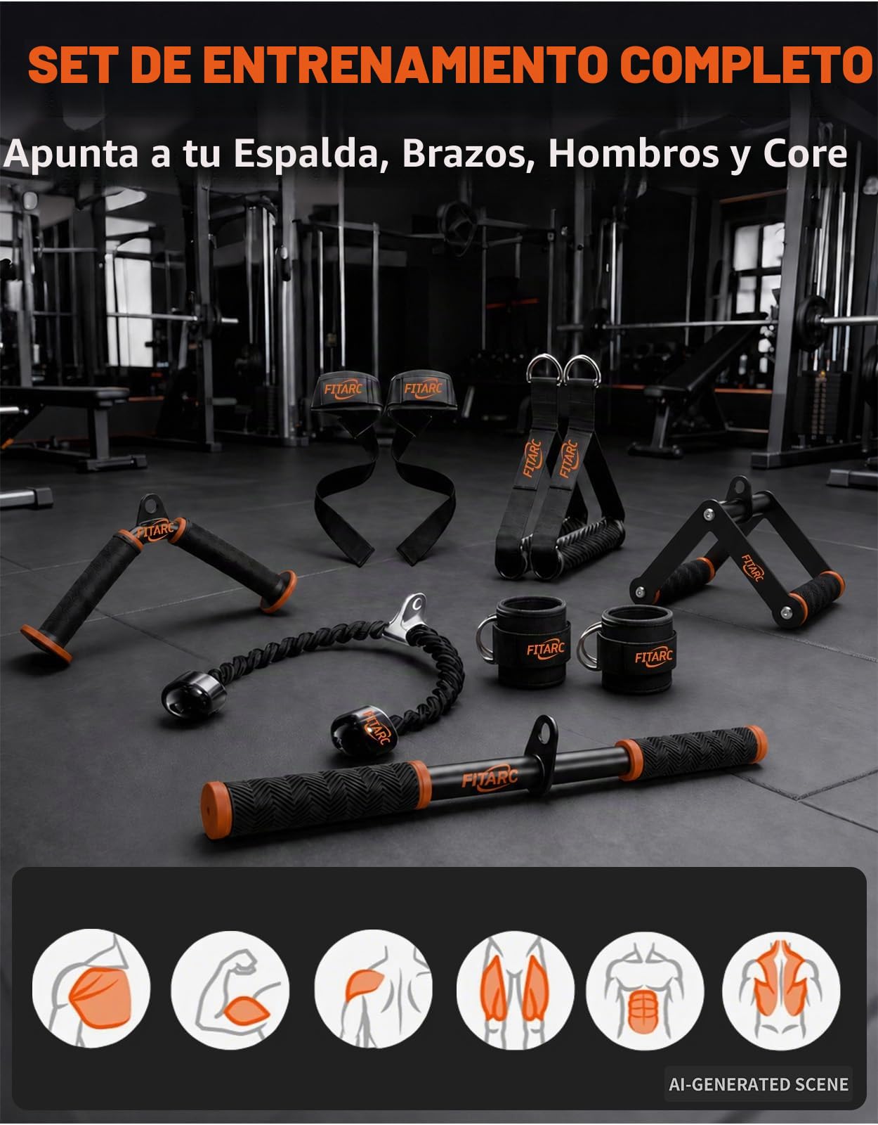 Fitarc - Juego de accesorios para máquina de cable para gimnasio en casa, accesorios para jalar o tiro lateral y tríceps con mango en D, barra en V, cuerda de tríceps, barra recta, mangos de estribo