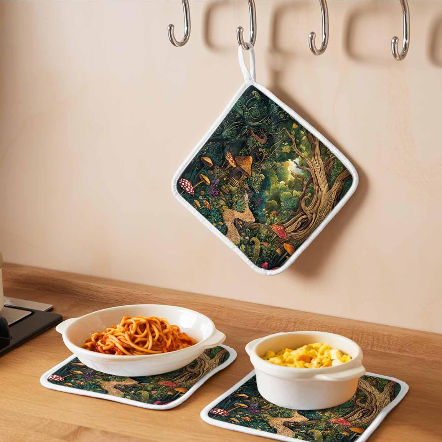 5 Pack Pot Holders for Kitchen, Forest Hot Pads for Kitchen Countertops Oven Pot Holder Bulk, Vintage Cottage Mushroom Tree Floral Green Heat Insulation Potholders with Hanging Loops