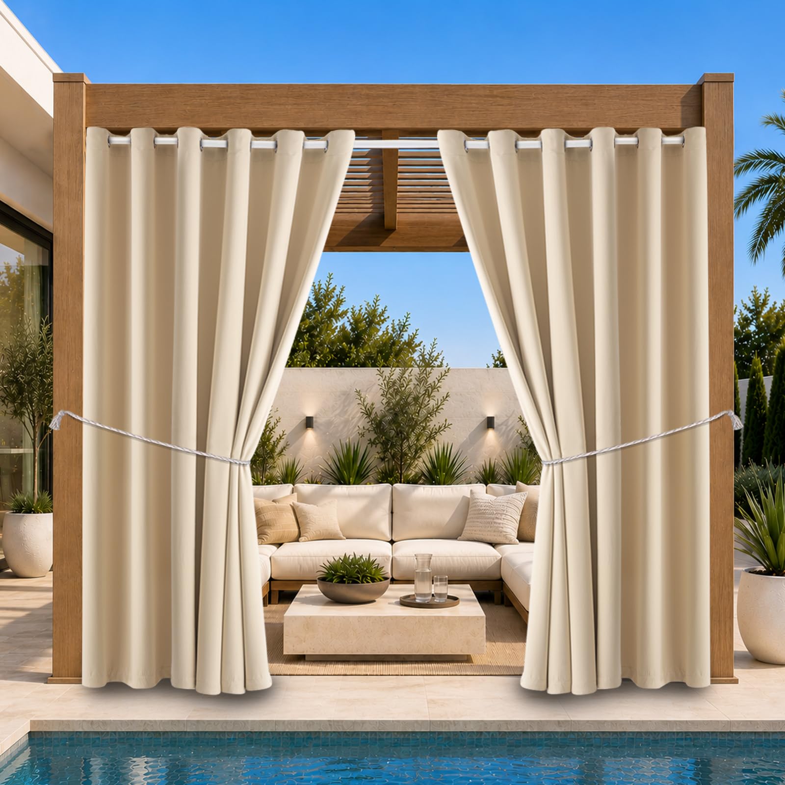 Waterproof Outdoor Curtain W84 x L84 - Grommet Top Sunlight Blocking Window Treatment Drapes Blackout Curtains for Home Bedroom Living Room Outdoor Patio Porch Pergola Cabana Gazebo (Beige, 2 Panels)-image-41