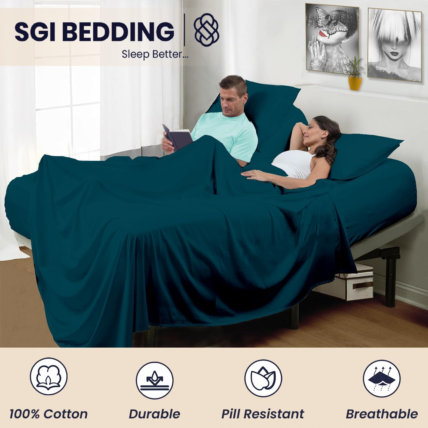 SGI bedding 36" Queen Split Top Flex Head Sheet 100% Egyptian Cotton Sheet Set - 600 Thread Count Flex Top Sheet Adjustable Bed - 4 Piece Sheet Set 15" Deep Pocket Sleep Number Bed - Teal Solid
