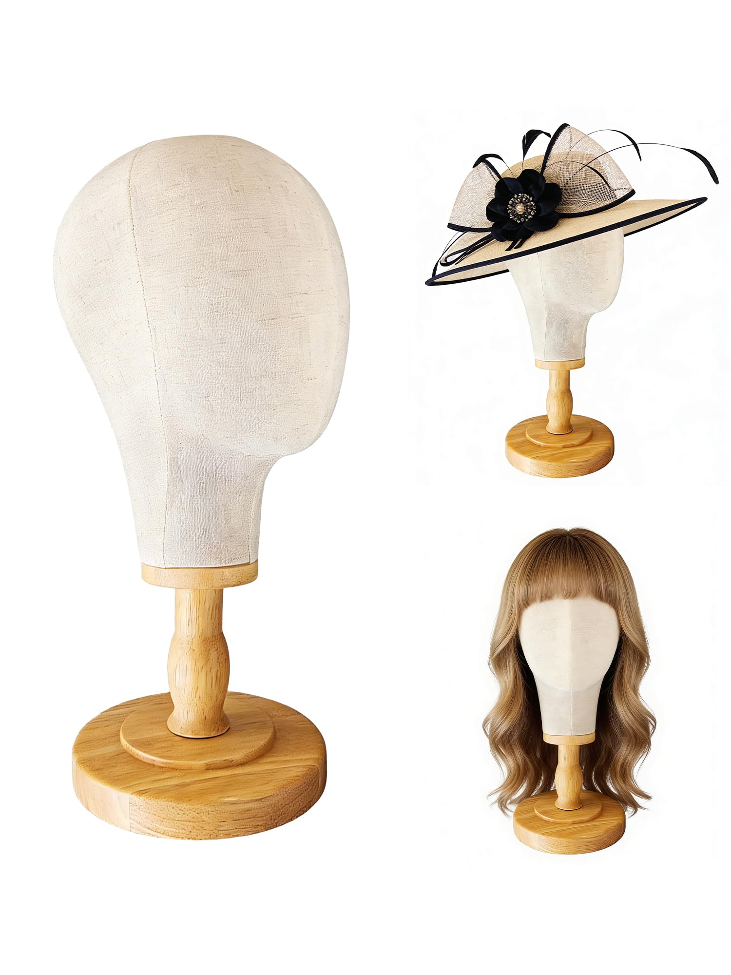 Perückenständer aus Segeltuch, 53,3 cm, mit Holzsockel, Beige