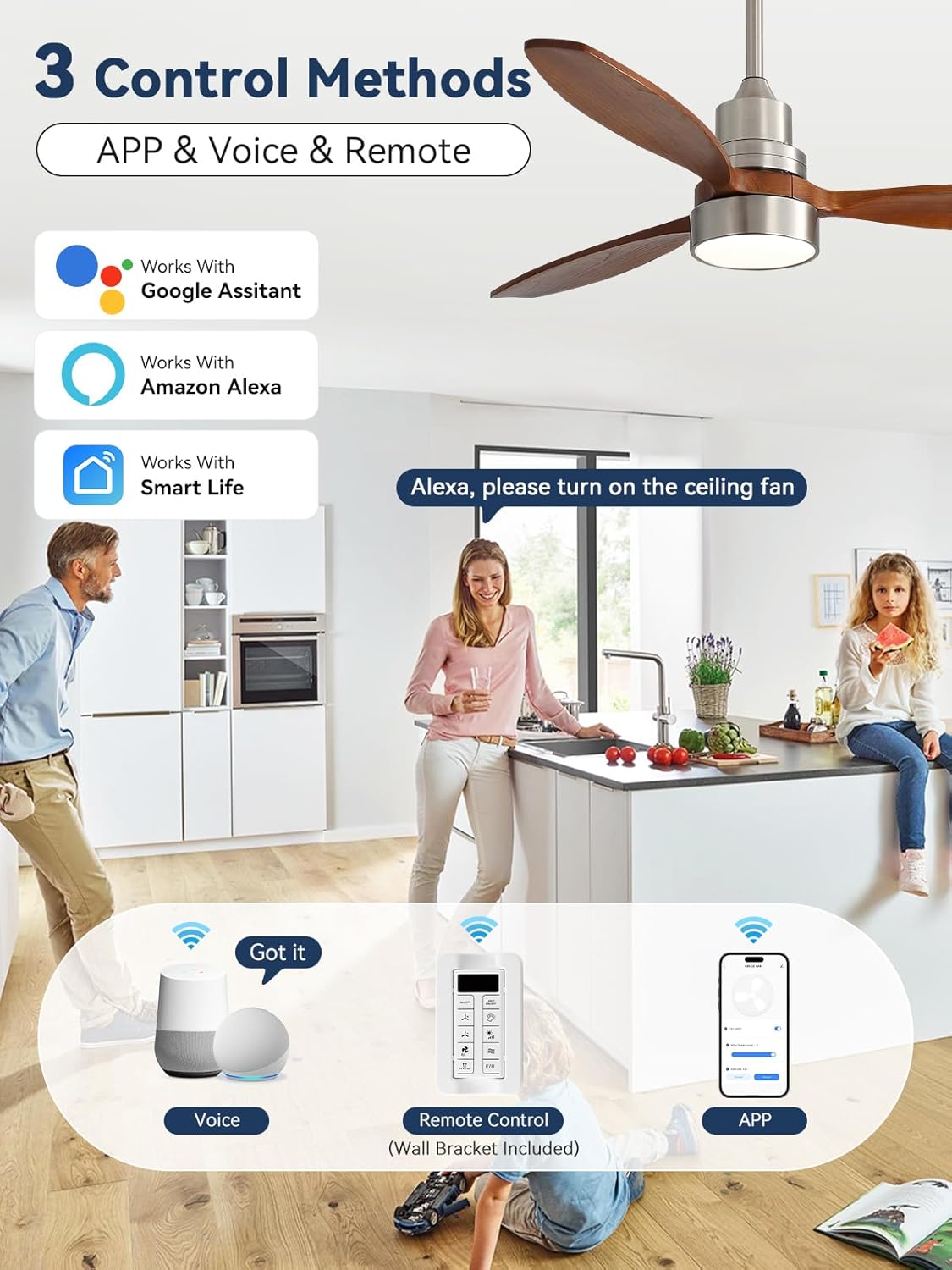 Sofucor 52 Inch Solid Wood Smart Ceiling Fans with Lights and Remote, Works with App/Alexa/Google, 6-Speed Outdoor Ceiling Fan with Light, 3 Blade Ceiling Fan, Quiet DC Motor for Living Room Patio