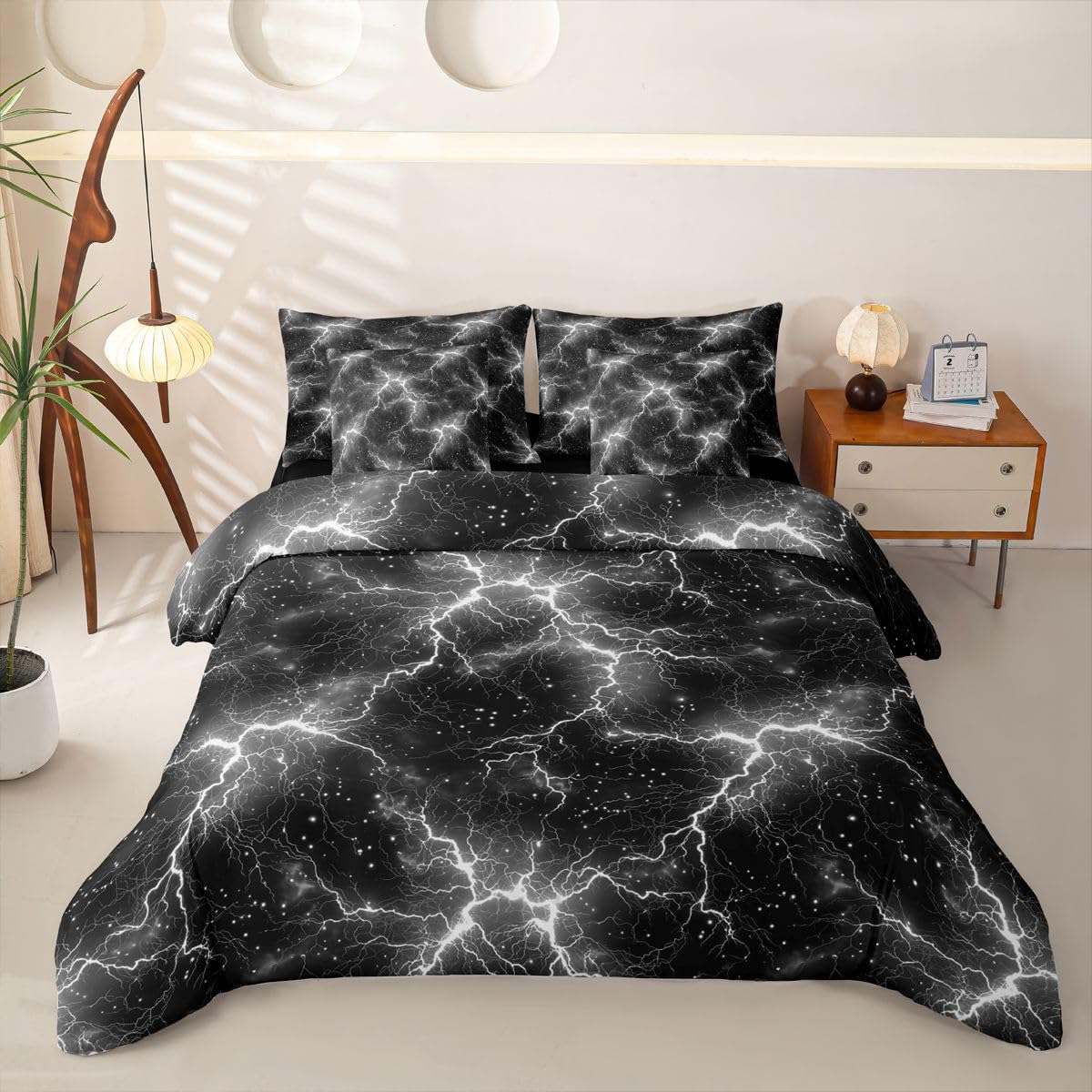 Homewish Schwarz Grau Blitz Bettwäsche 220x240 Set 7teilig