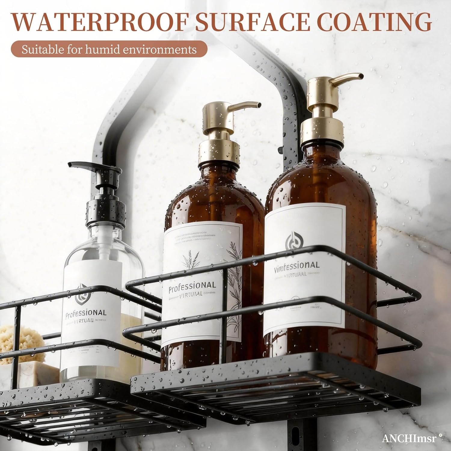 Adjustable Hanging Shower Caddy for Handheld Showerhead, 3-Tier Rustproof Shower Rack Baskets, Anti-Swing Hanging Shower Organizer for Bathroom Storage with 2 S-Hooks, Large Capacity, Black