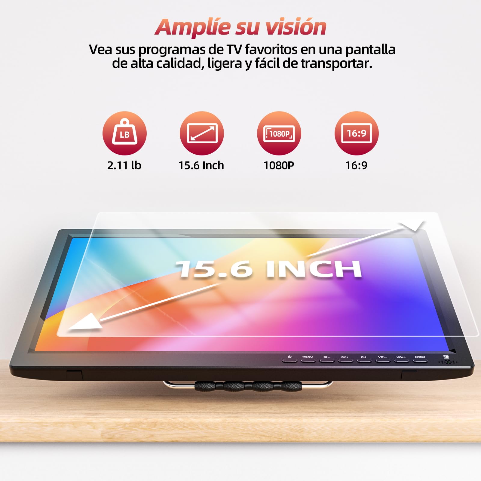 Desobry TV portátil de 15,6 pulgadas1080P Digital DVB-T2, Mini televisión con batería Recargable Que admite Entrada USB HDMI AV, TV de 12v con Cargador para Coche y Mando a Distancia y Antena